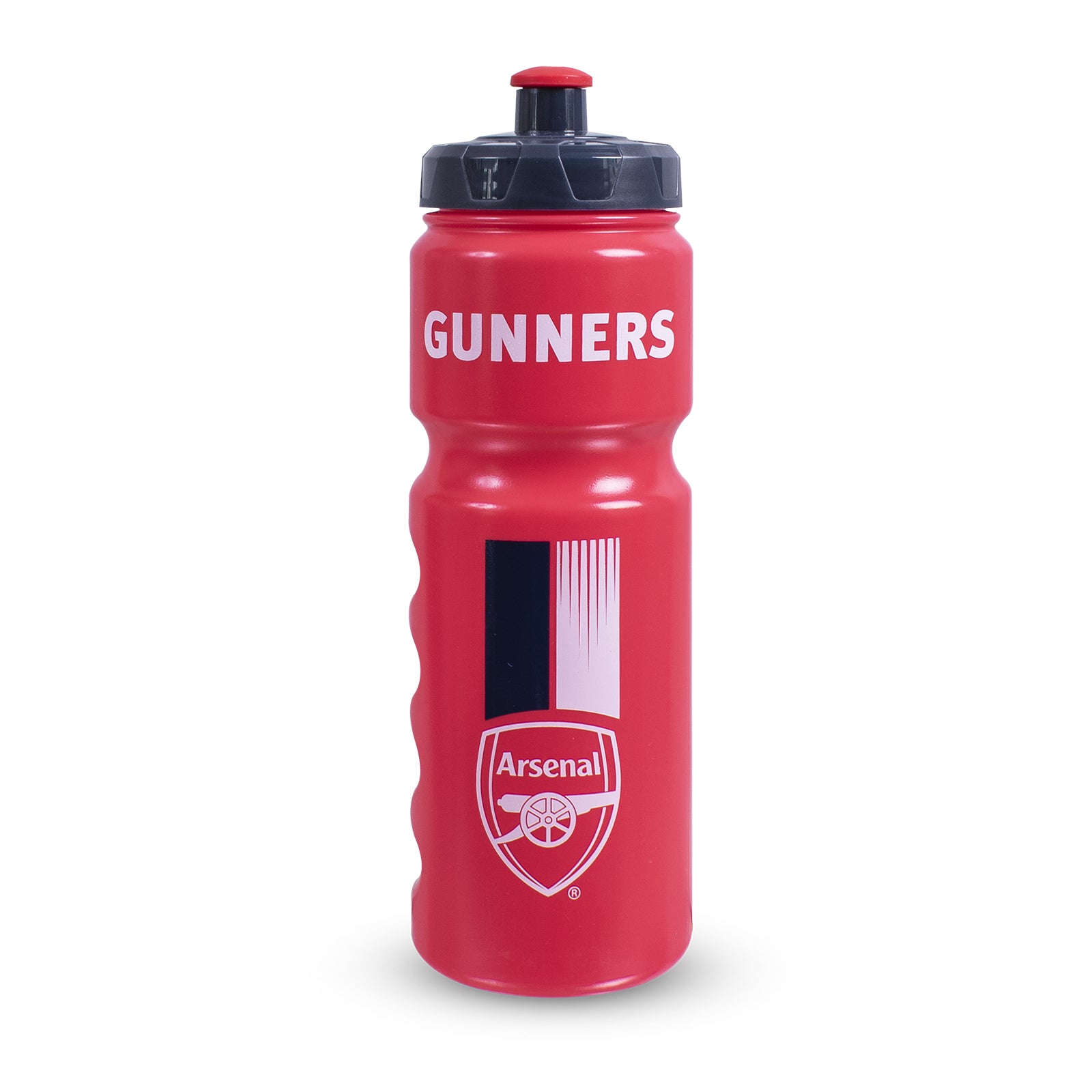 Arsenal 750ml reusable plastic sports water bottle in red, featuring club crest and text, with screw-on lid and push/pull drinking top