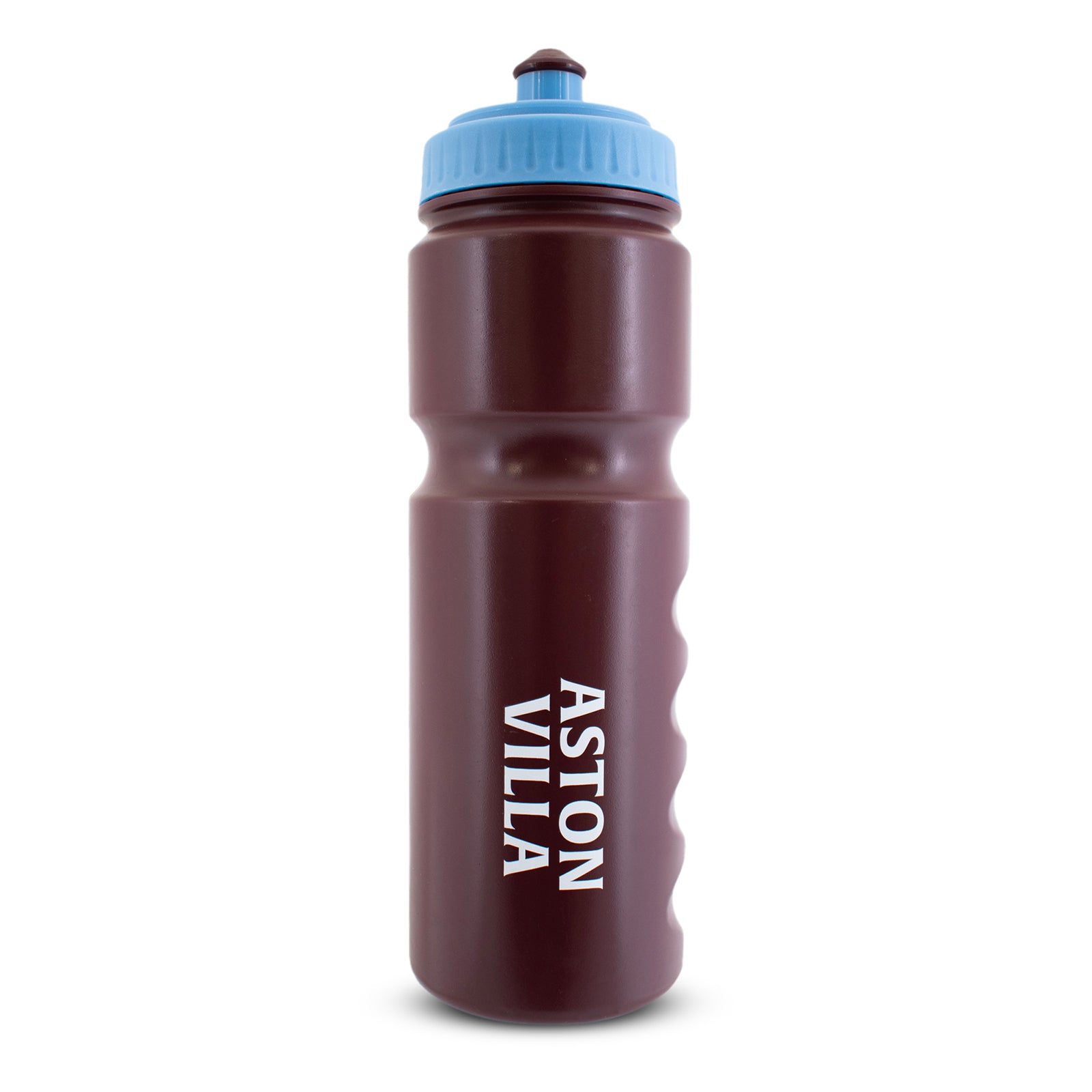 Aston Villa 750ml reusable plastic sports water bottle in claret and blue, featuring club crest and text, with screw-on lid and push/pull drinking top