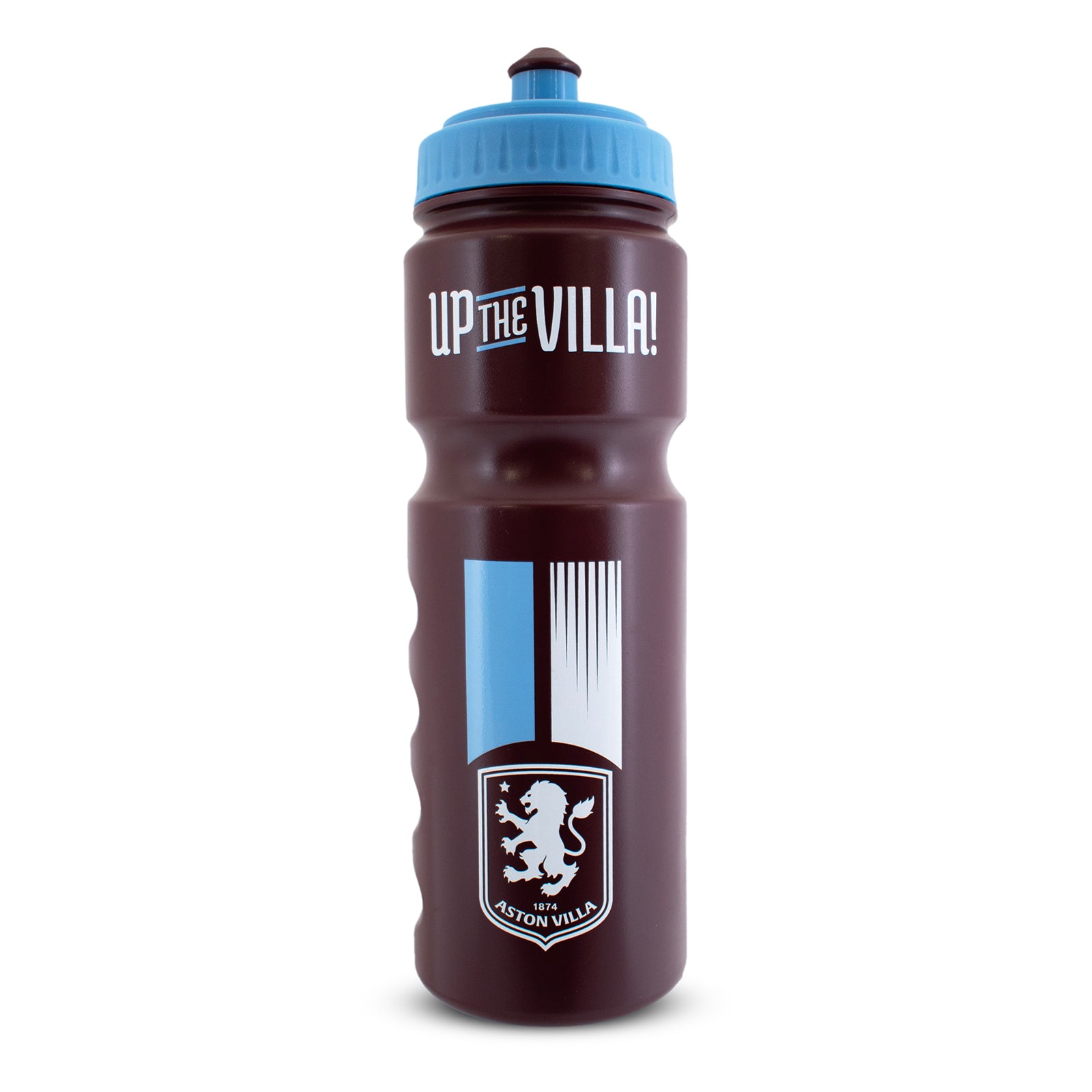 Aston Villa 750ml reusable plastic sports water bottle in claret and blue, featuring club crest and text, with screw-on lid and push/pull drinking top