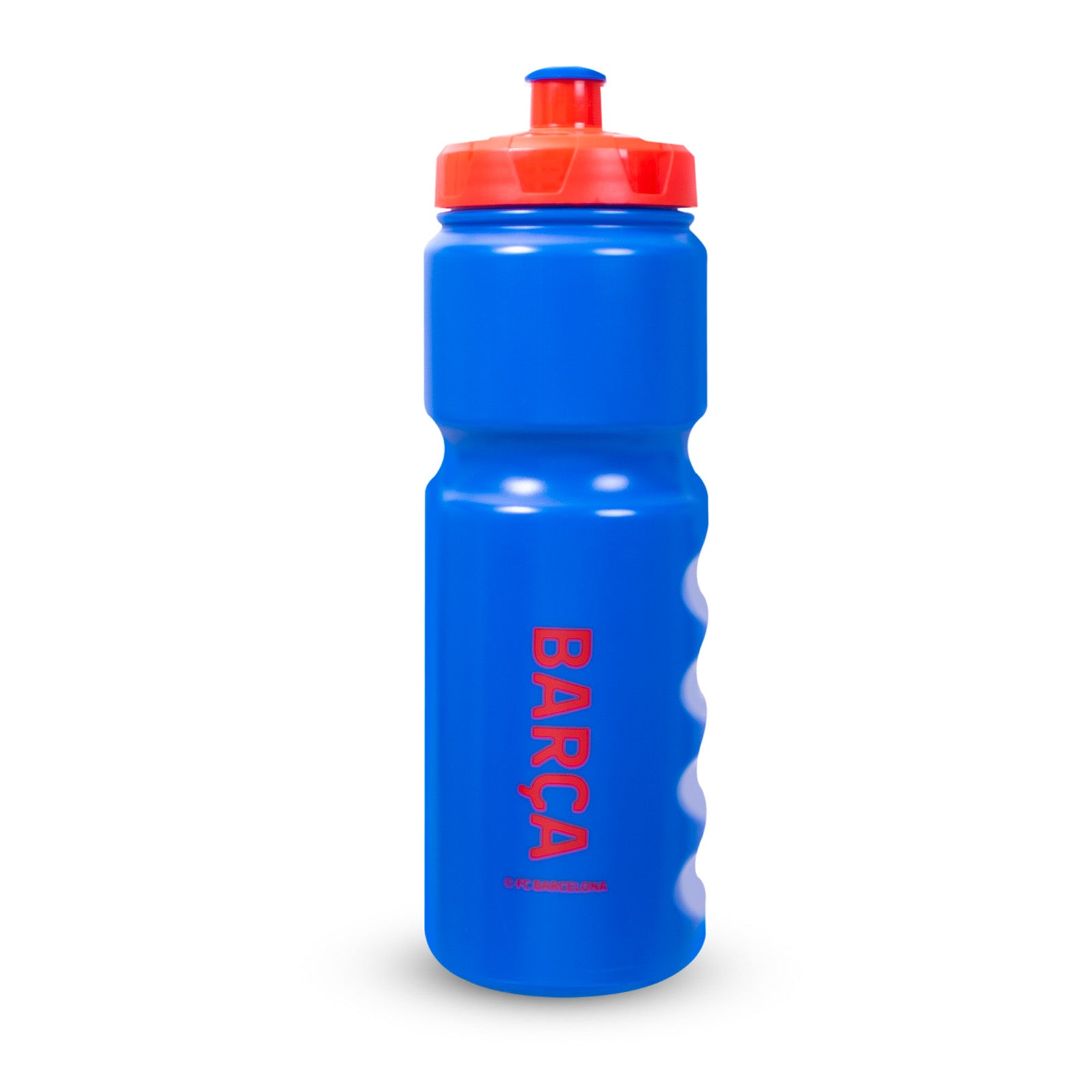 FC Barcelona 750ml reusable plastic sports water bottle in blue, featuring club crest and text, with screw-on lid and push/pull drinking top