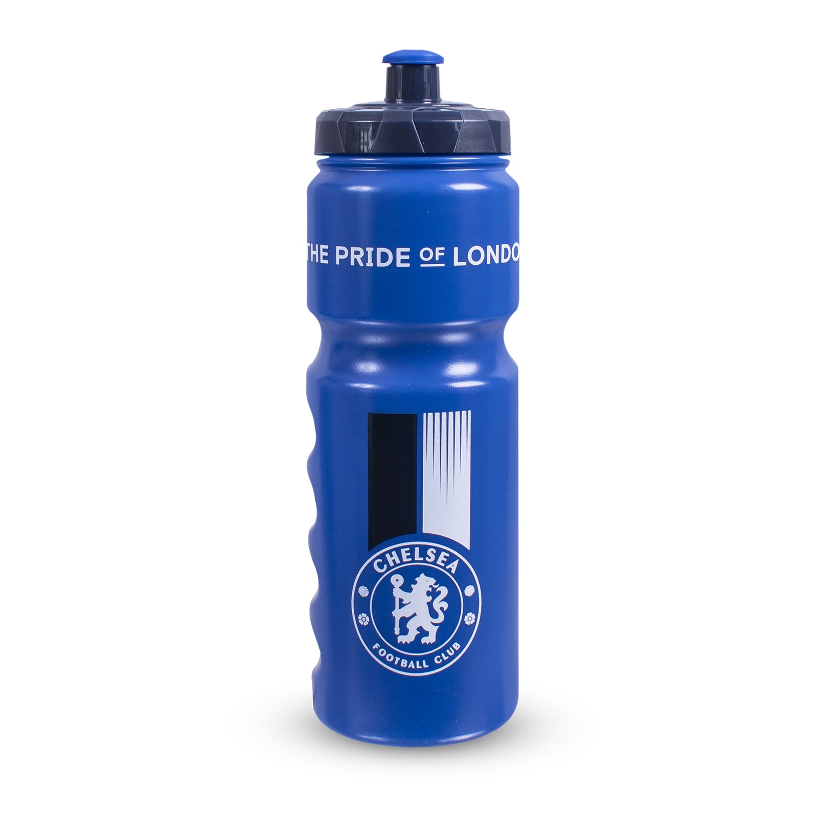 Chelsea 750ml reusable plastic sports water bottle in royal blue, featuring club crest and text, with screw-on lid and push/pull drinking top