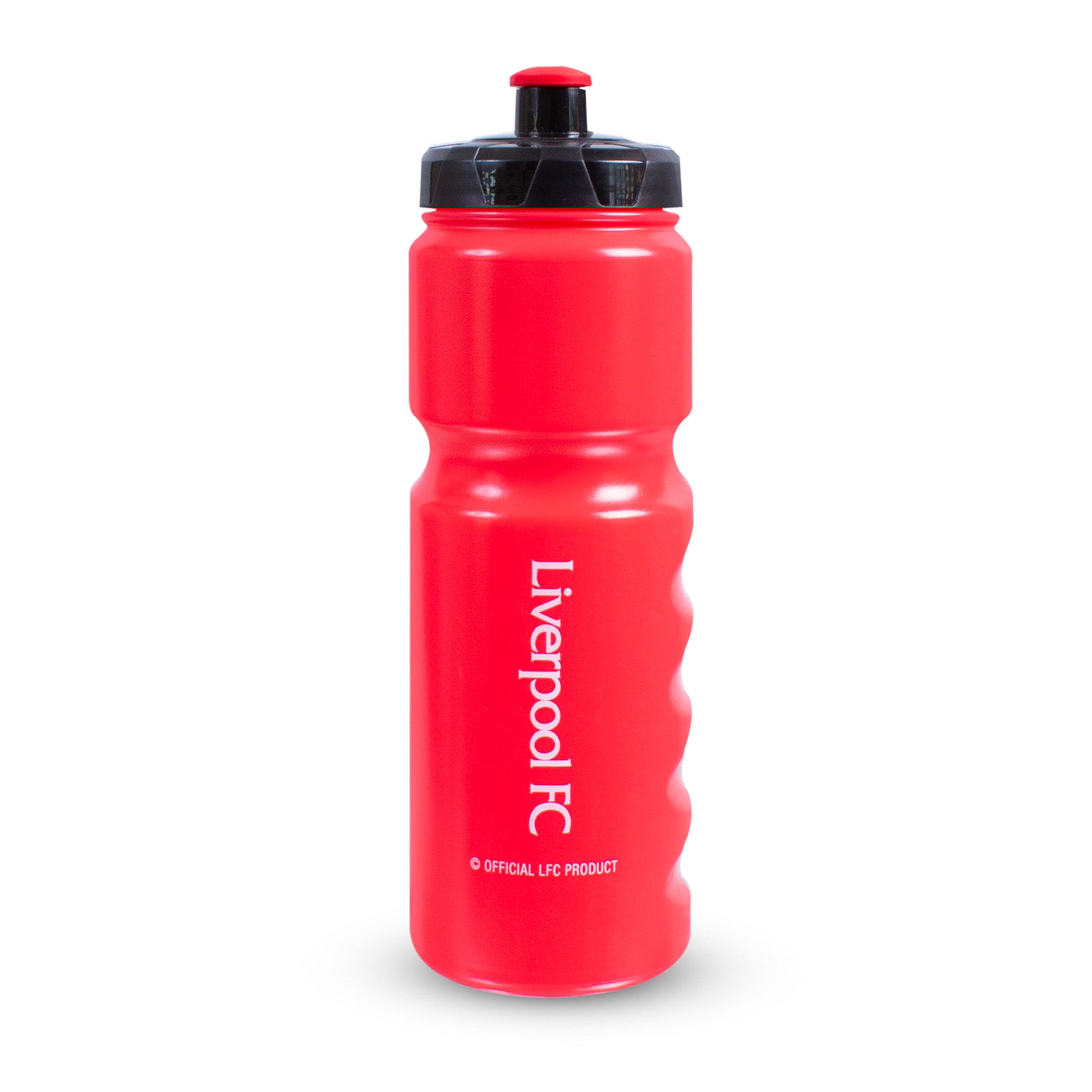 Liverpool 750ml reusable plastic sports water bottle in red, featuring club crest and text, with screw-on lid and push/pull drinking top
