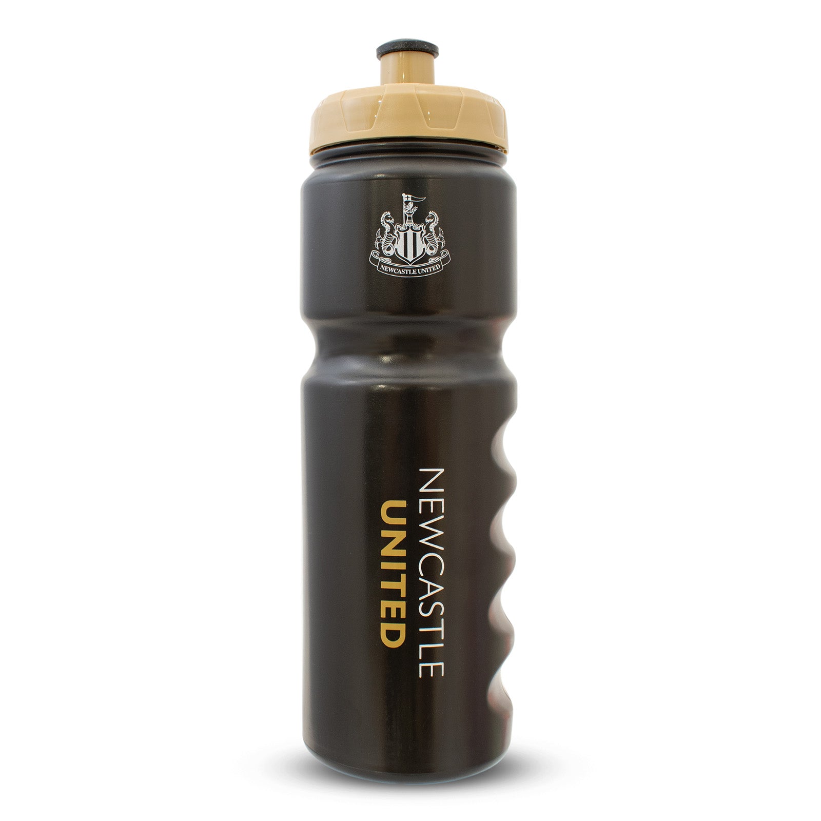 Newcastle United 750ml reusable plastic sports water bottle in black, featuring club crest and text, with screw-on lid and push/pull drinking top