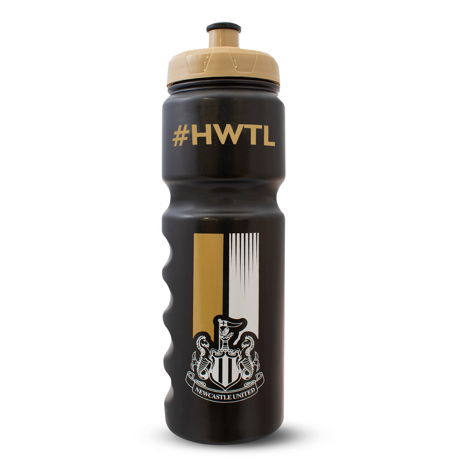 Newcastle United 750ml reusable plastic sports water bottle in black, featuring club crest and text, with screw-on lid and push/pull drinking top