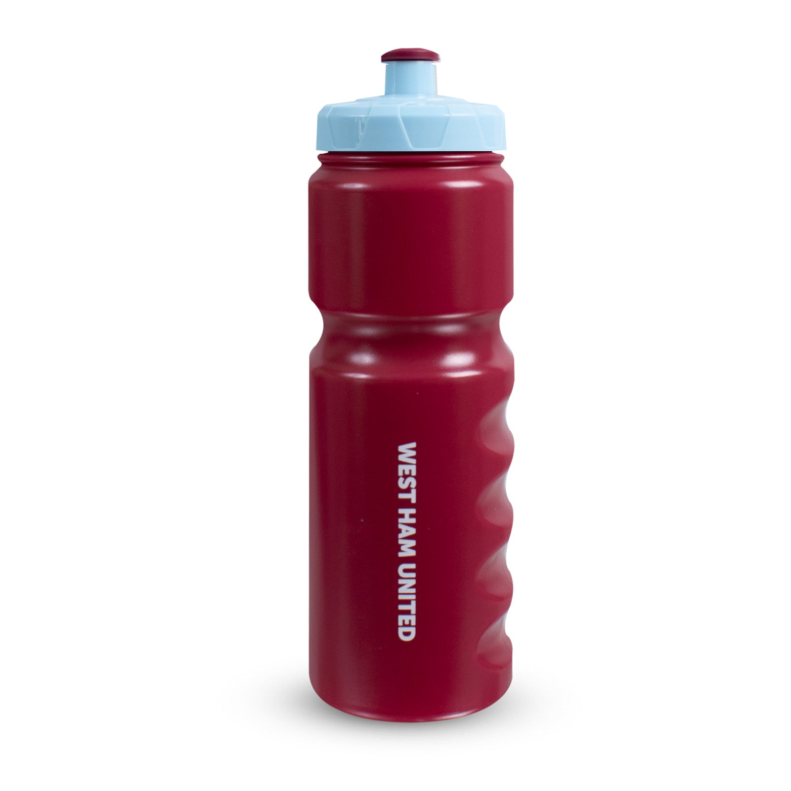 West Ham United 750ml reusable plastic sports water bottle in claret and blue, featuring club crest and text, with screw-on lid and push/pull drinking top