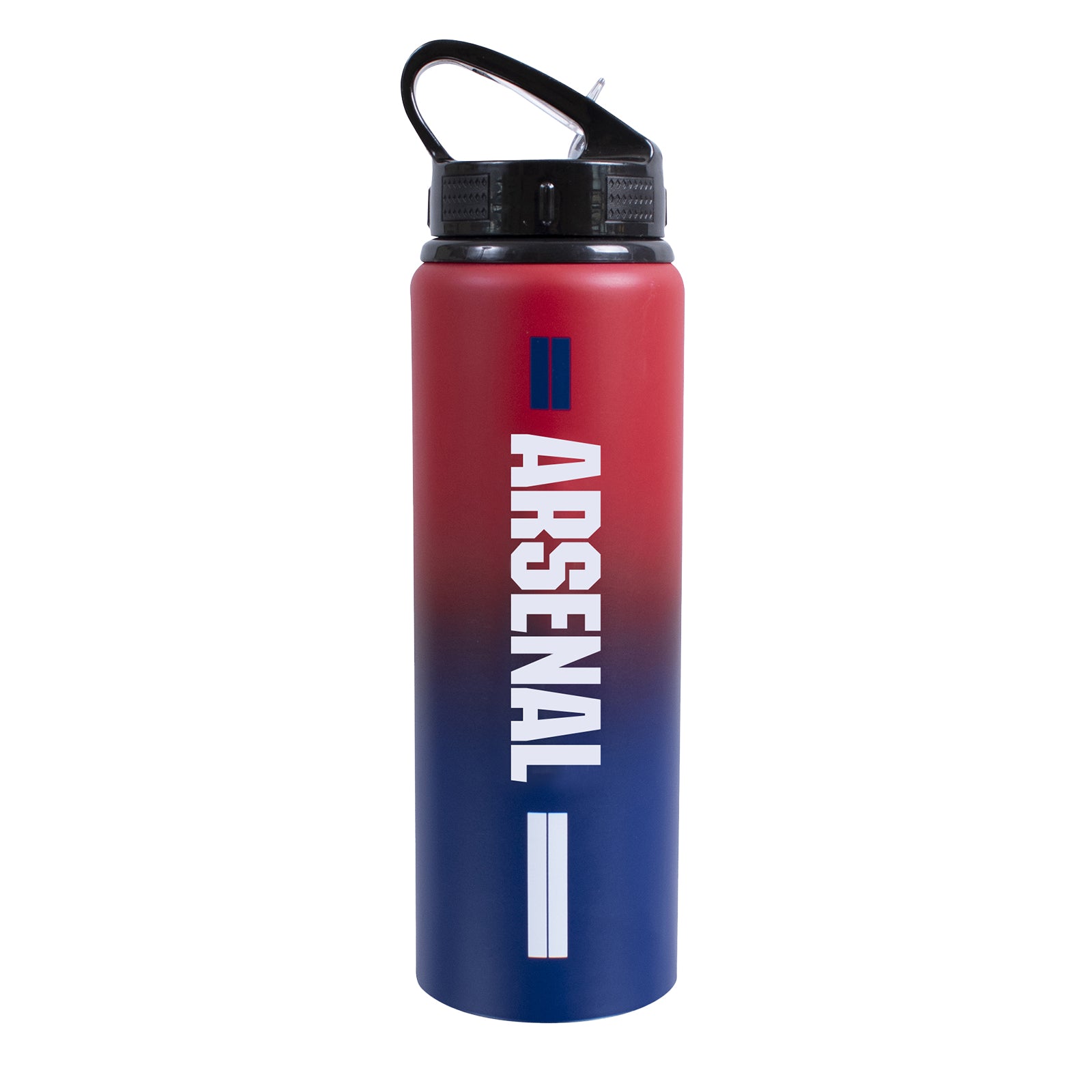 Arsenal 750ml reusable aluminium sports water bottle in red, featuring a carry handle, screw-on lid and integrated folding straw