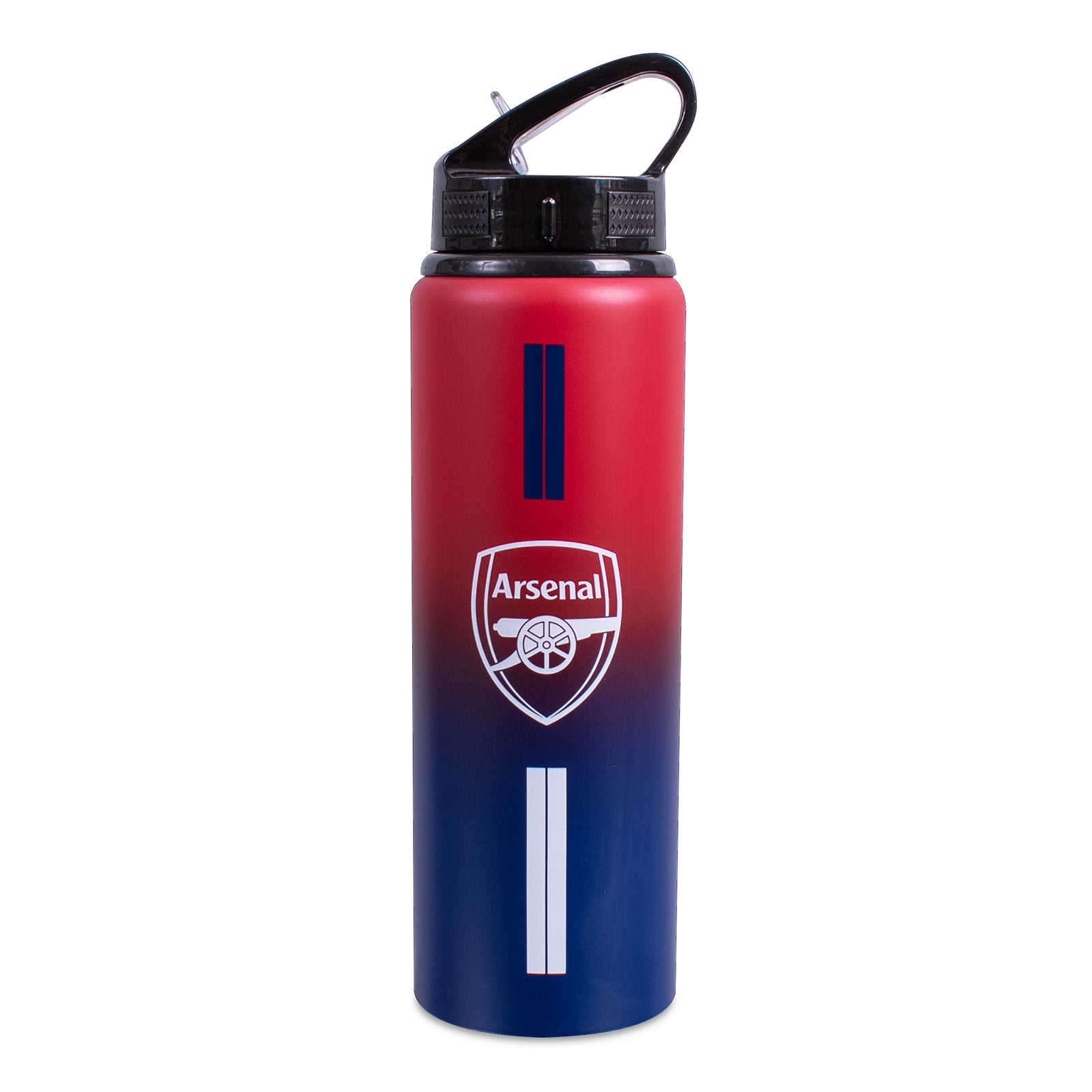 Arsenal 750ml reusable aluminium sports water bottle in red, featuring a carry handle, screw-on lid and integrated folding straw