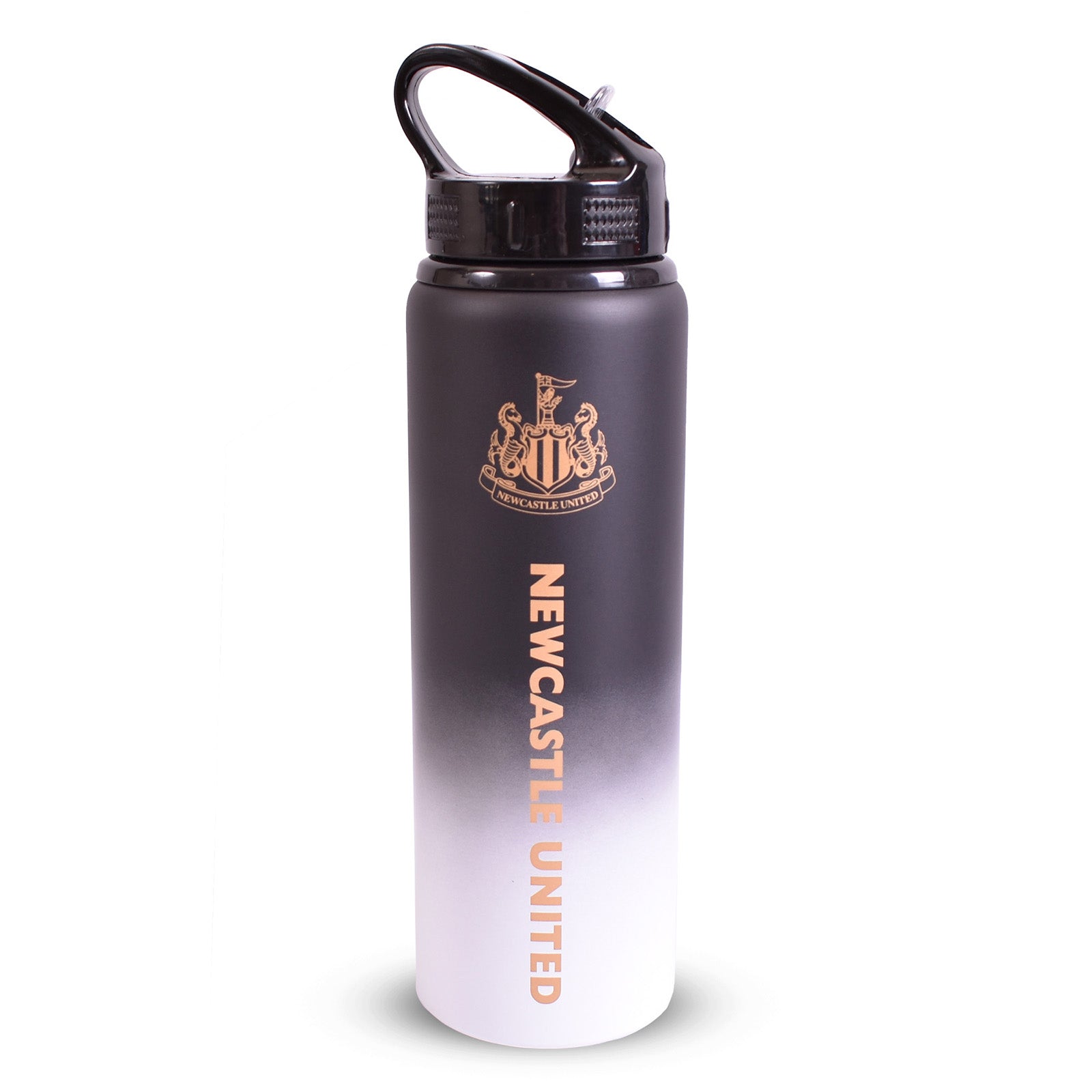 Newcastle United 750ml reusable aluminium sports water bottle in black, featuring a carry handle, screw-on lid and integrated folding straw