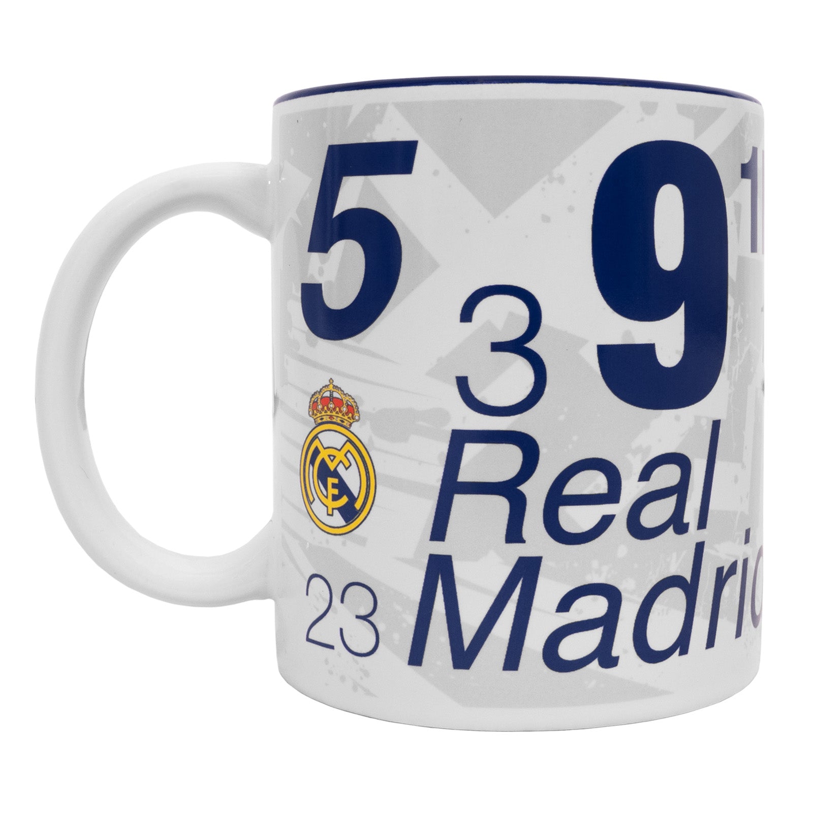 Real Madrid Mug in white featuring the club crest and iconic shirt numbers to the sides