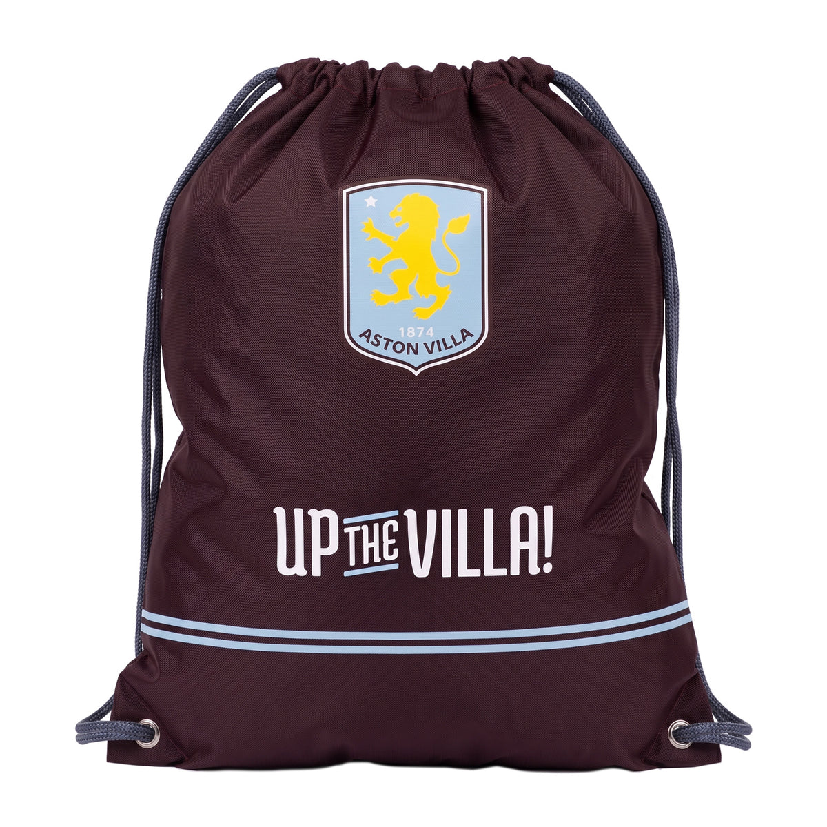 Aston Villa Drawstring Gym Bag in claret and blue, featuring the club crest and branding