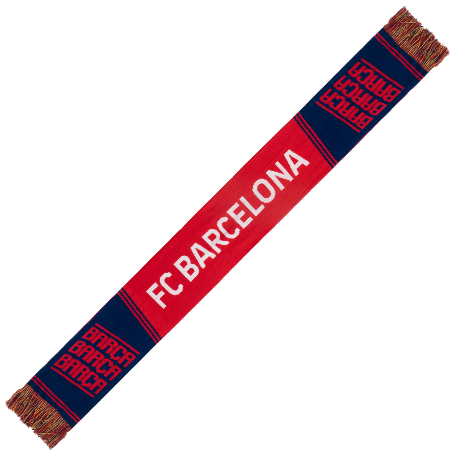 FC barcelona knitted jacquard scarf in red and blue with various Barca branding including the club crest