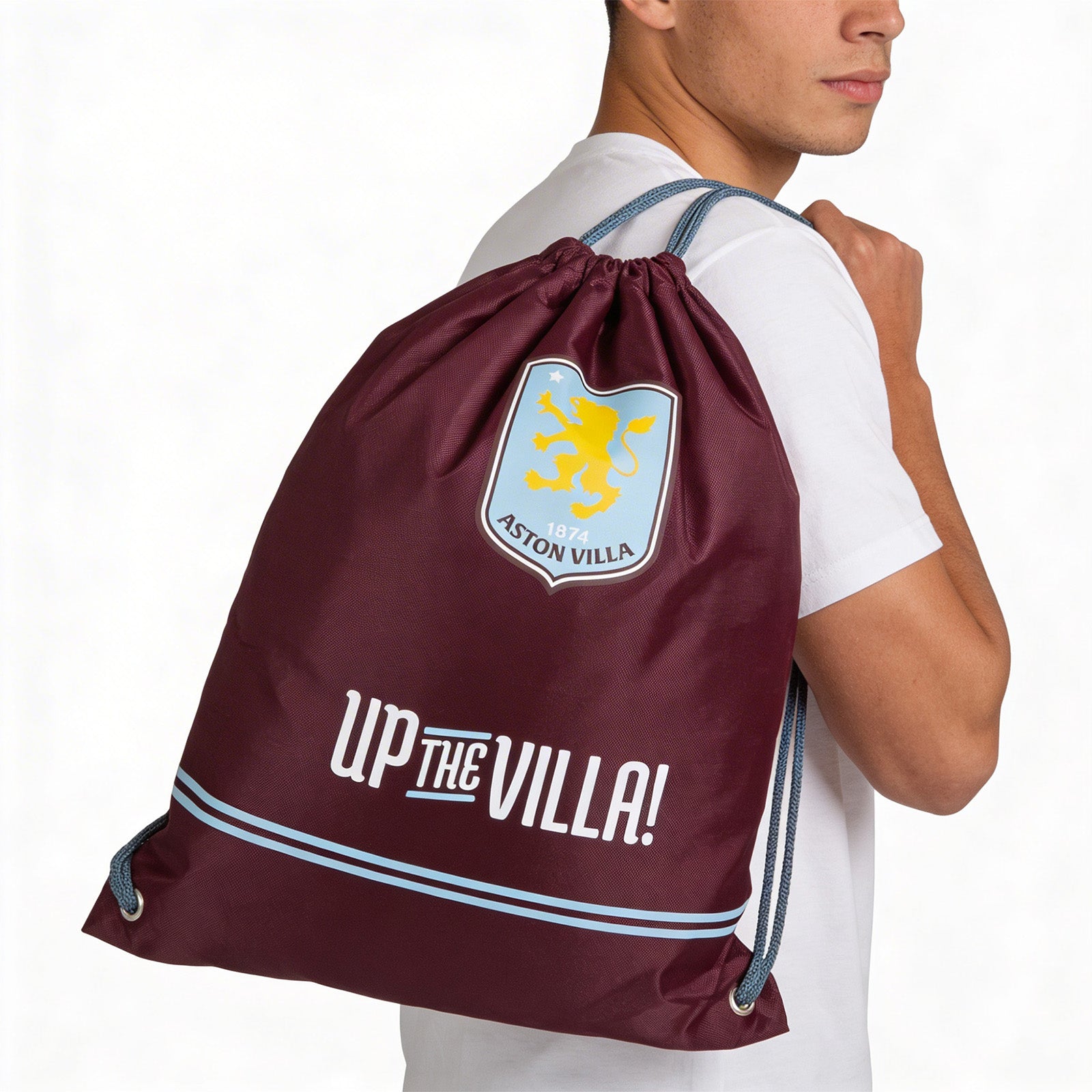 Aston Villa Drawstring Gym Bag in claret and blue, featuring the club crest and branding