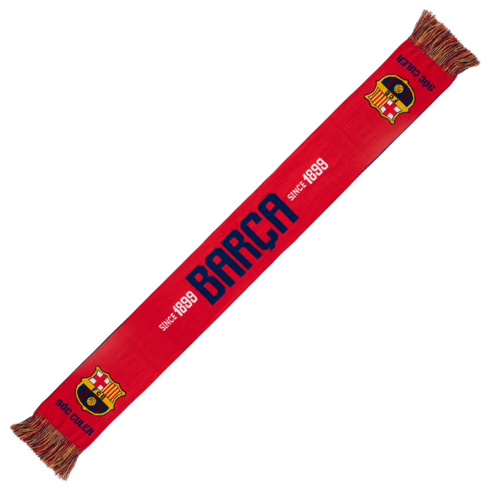 FC barcelona knitted jacquard scarf in red and blue with various Barca branding including the club crest