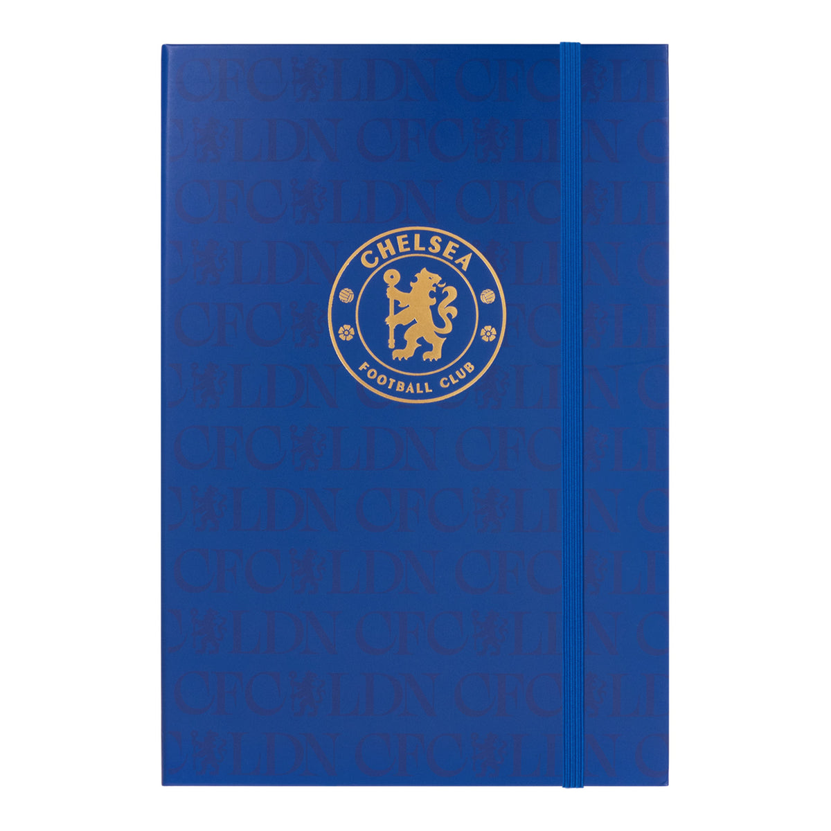 Chelsea FC A5 notebook in royal blue featuring club branding to the front cover and side binding. Contains band fastening, lined pages and an attached ribbon bookmark.
