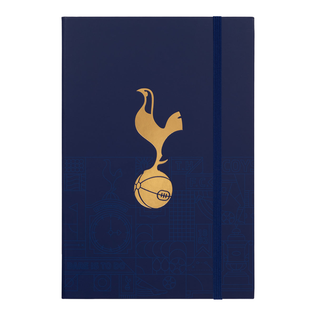 Tottenham Hotspur FC A5 notebook in navy blue featuring club branding to the front cover and side binding. Contains band fastening, lined pages and an attached ribbon bookmark.