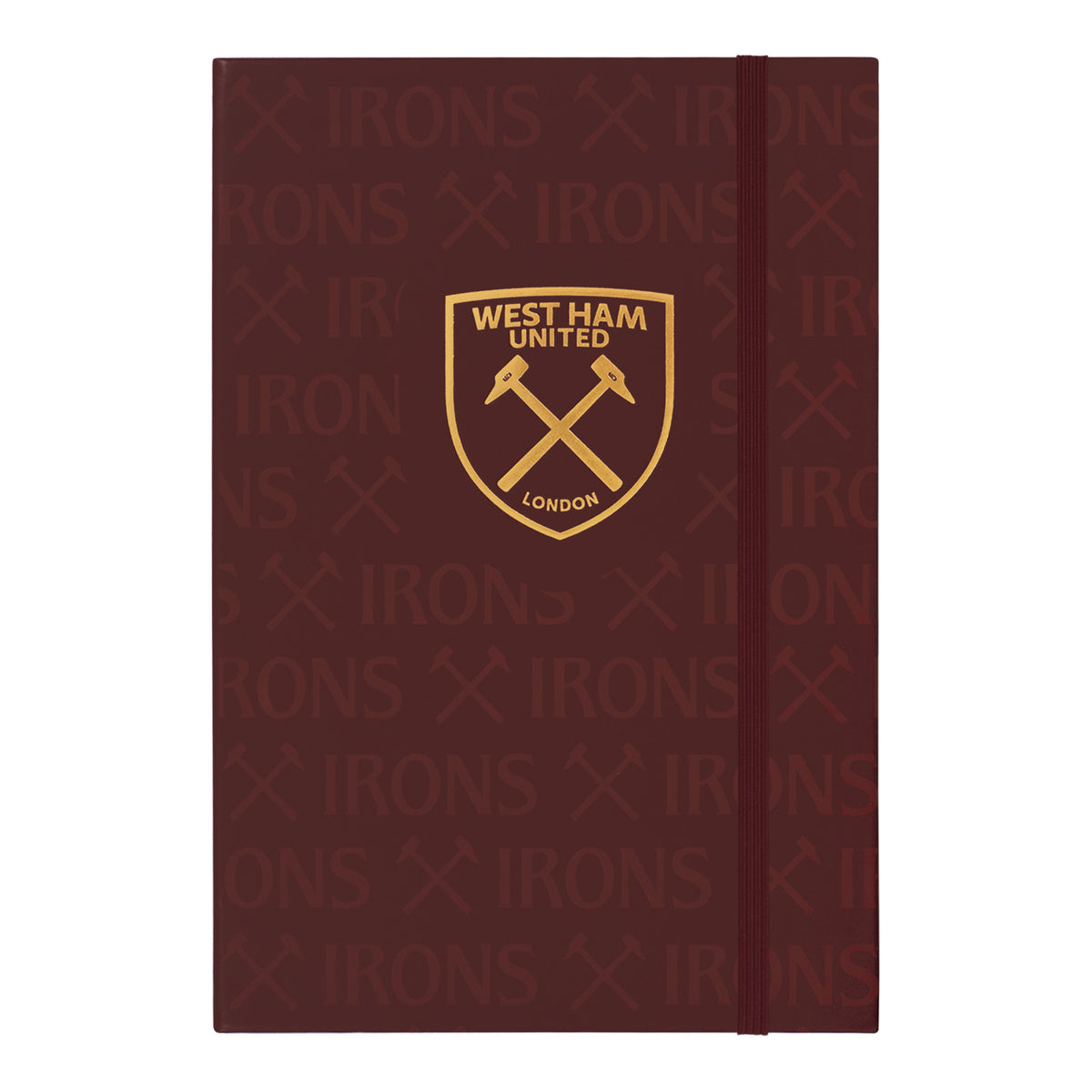 West Ham United FC A5 notebook in claret featuring club branding to the front cover and side binding. Contains band fastening, lined pages and attached ribbon bookmark.