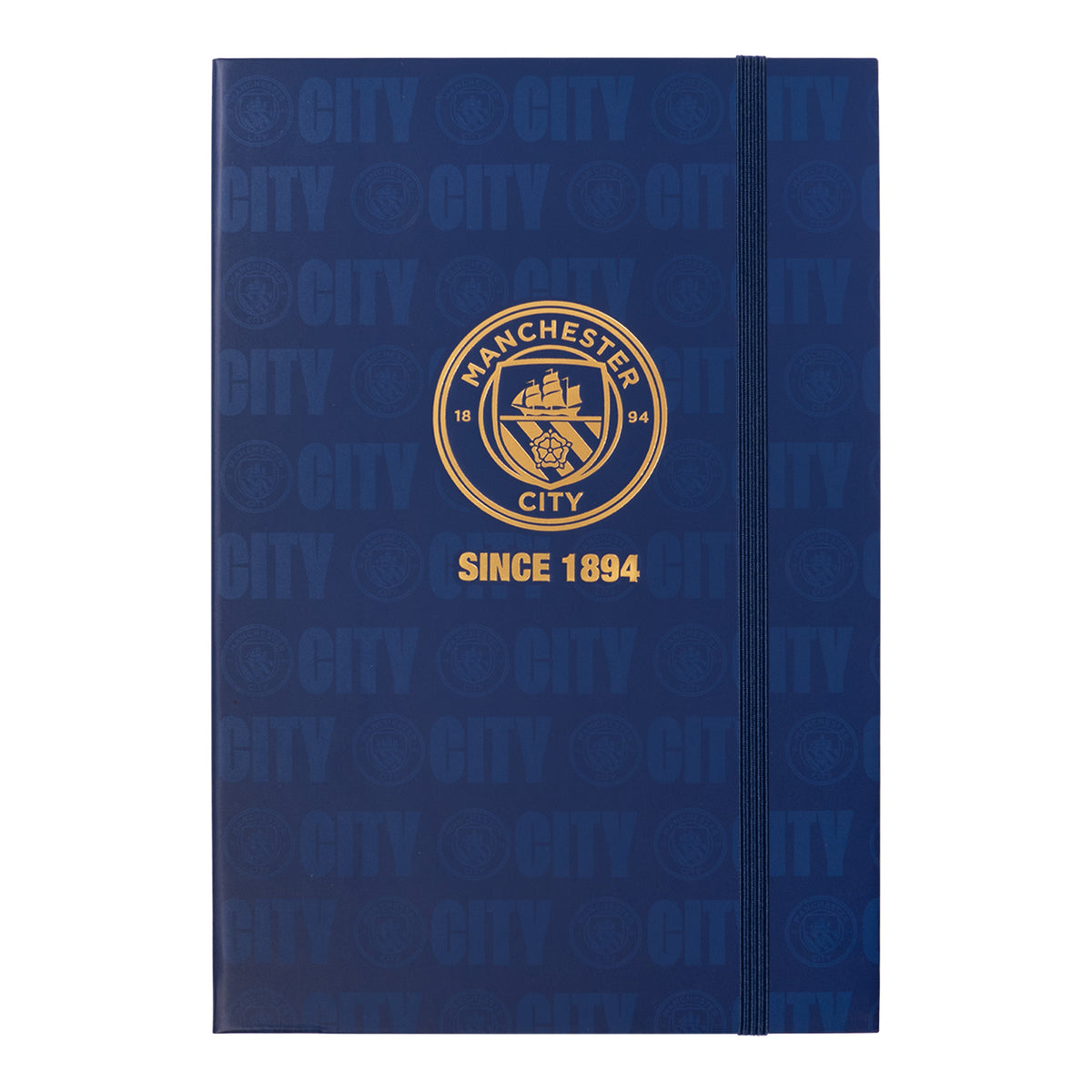 Manchester City FC A5 notebook in navy blue featuring club branding to the front cover and side binding. Contains band fastening, lined pages and an attached ribbon bookmark.