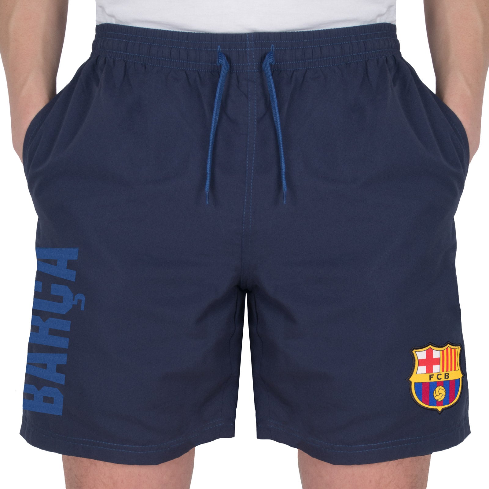 FC Barcelona adults fleece shorts in navy blue with crest to left leg and pockets to front & back.