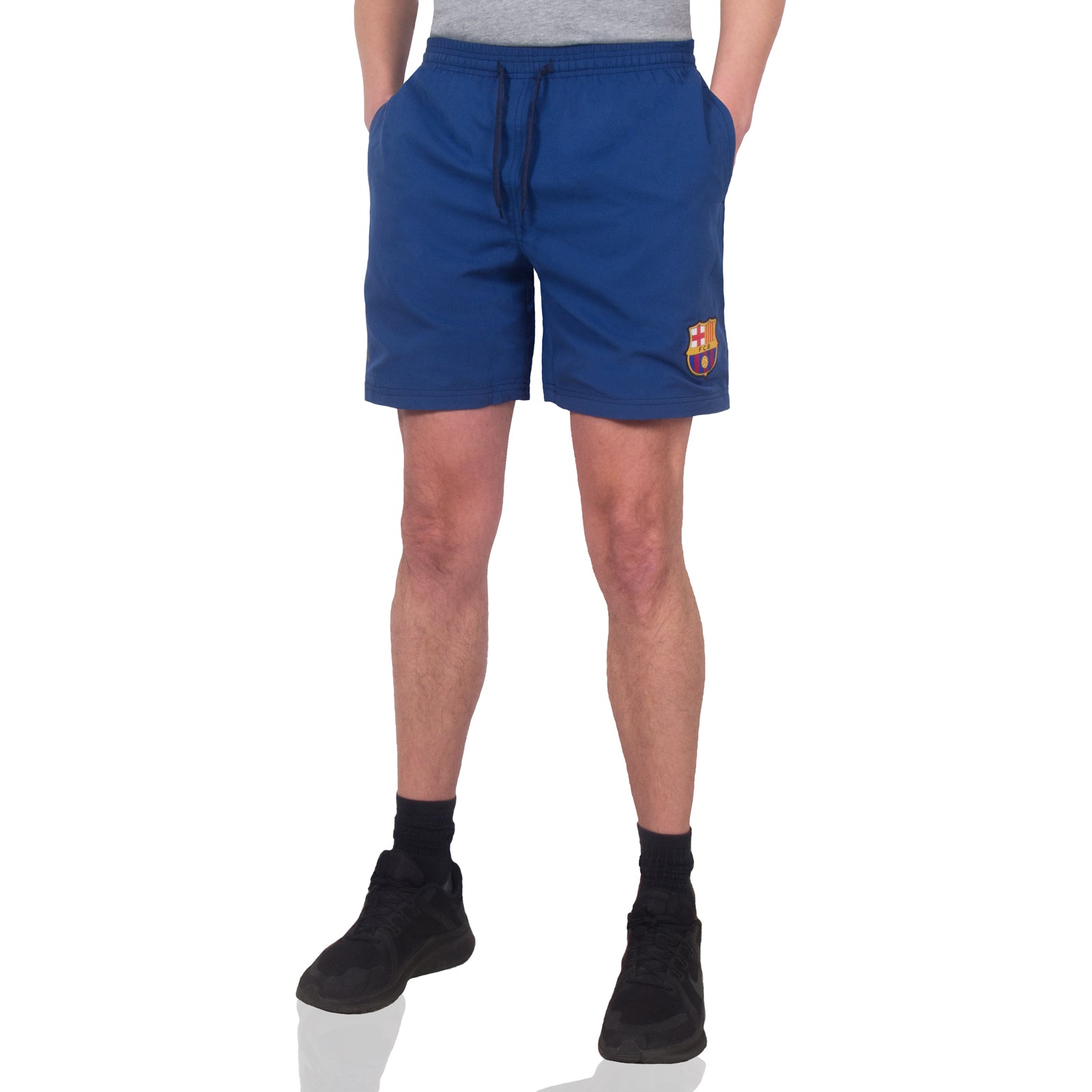 FC Barcelona adults fleece shorts in blue with crest to left leg and pockets to front & back.