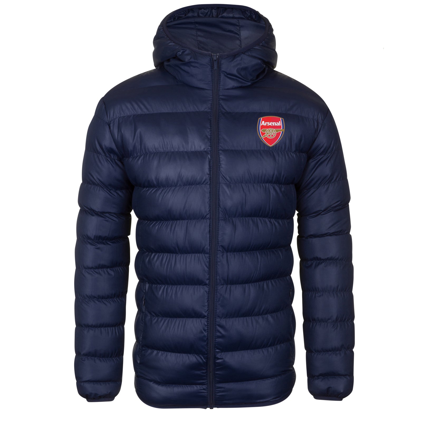 Arsenal adults quilted jacket coat in navy blue with club crest to chest.