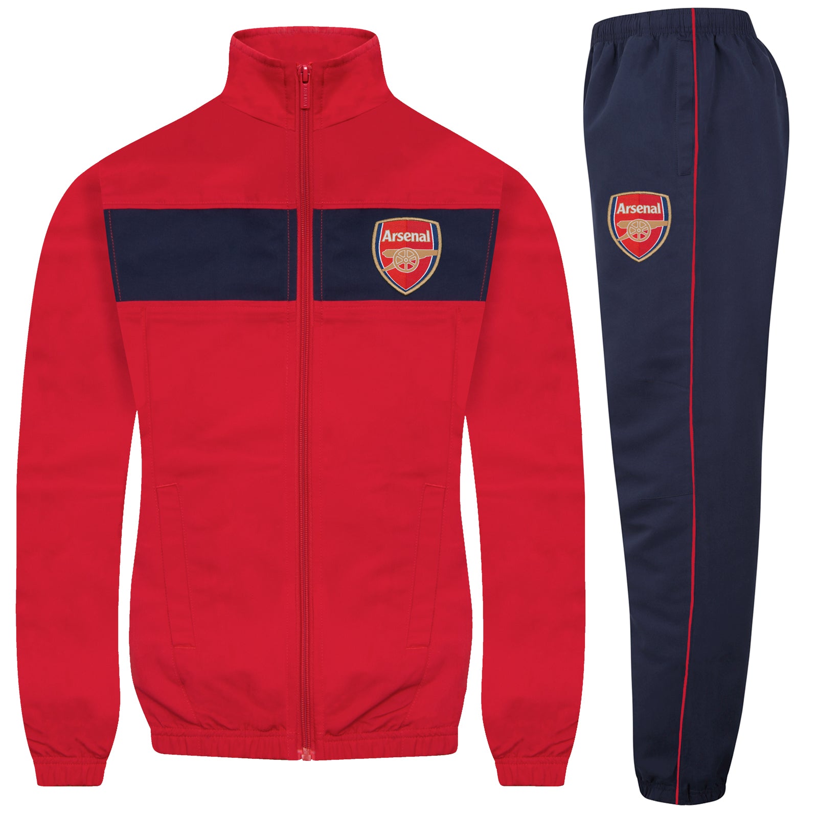 Arsenal kids tracksuit in red & navy stripe with club crest to chest and left thigh
