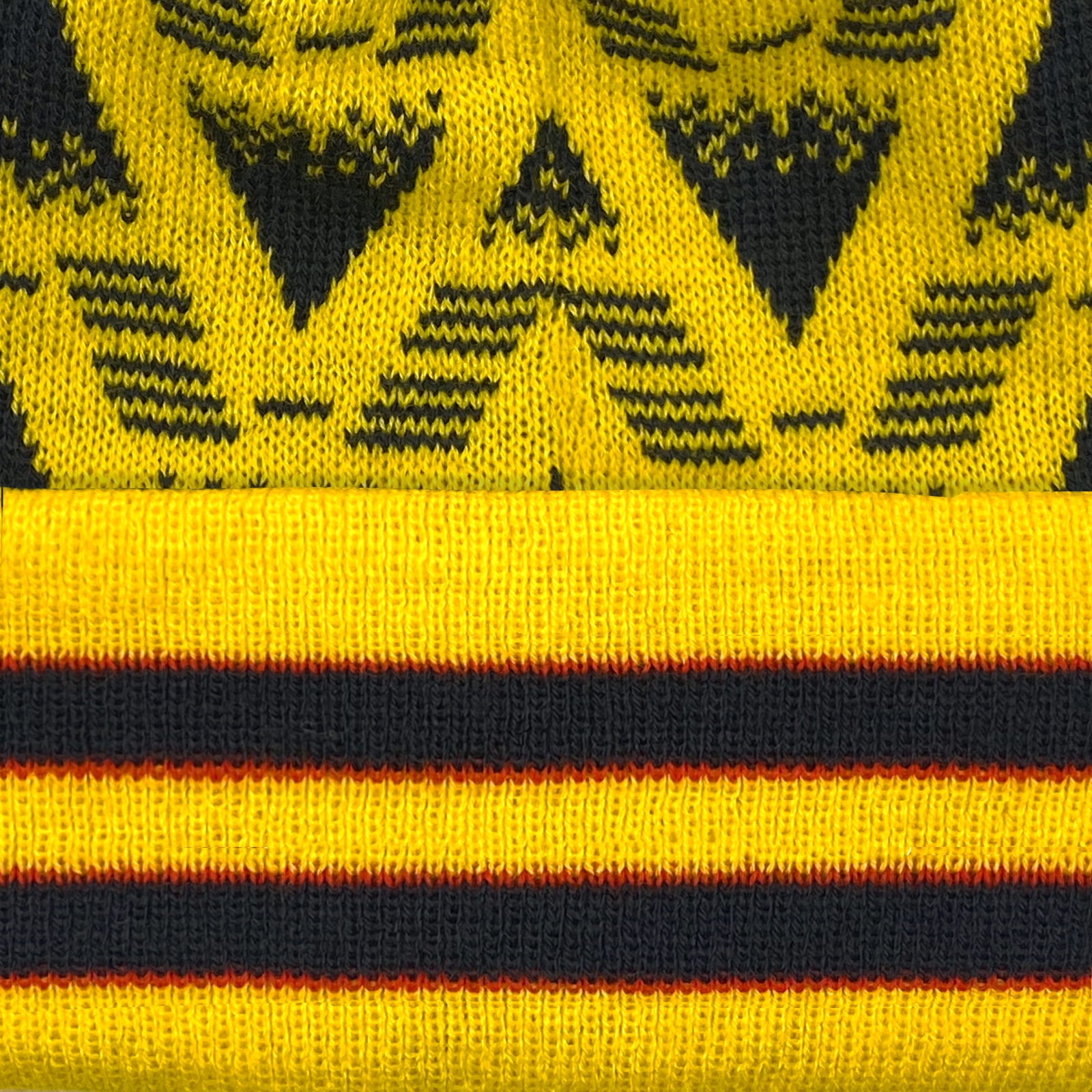 Arsenal retro knitted bobble hat in yellow with text to front