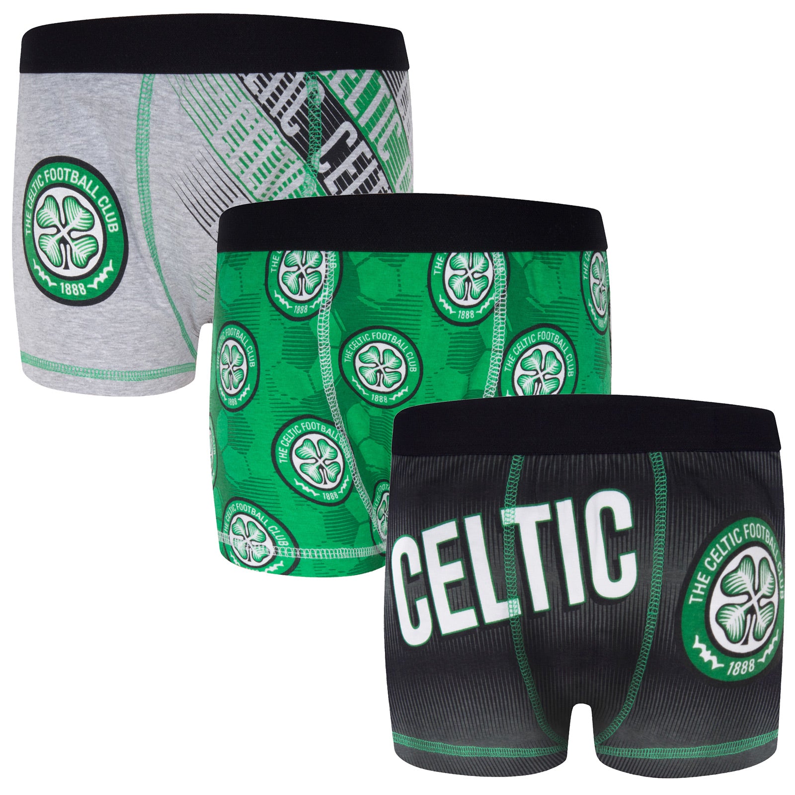 Celtic boxer shorts for boys in black, green & grey