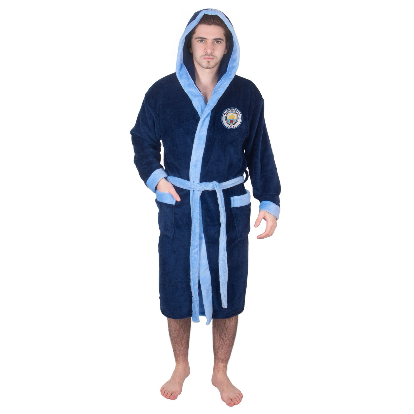 Man City adults dressing gown in navy blue with crest.