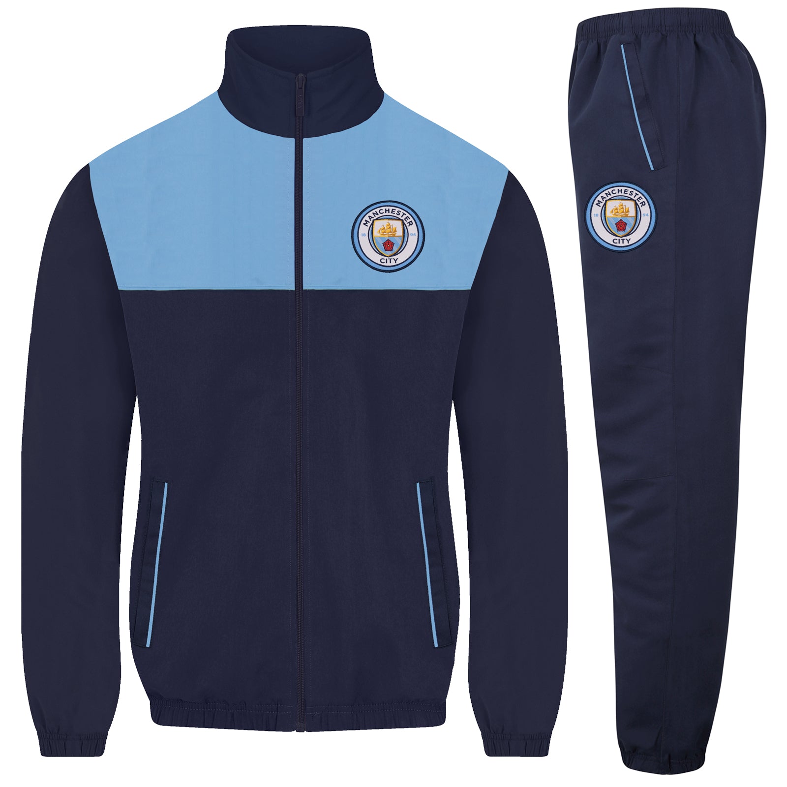 Man City adults tracksuit in navy blue with club crest to chest and left thigh