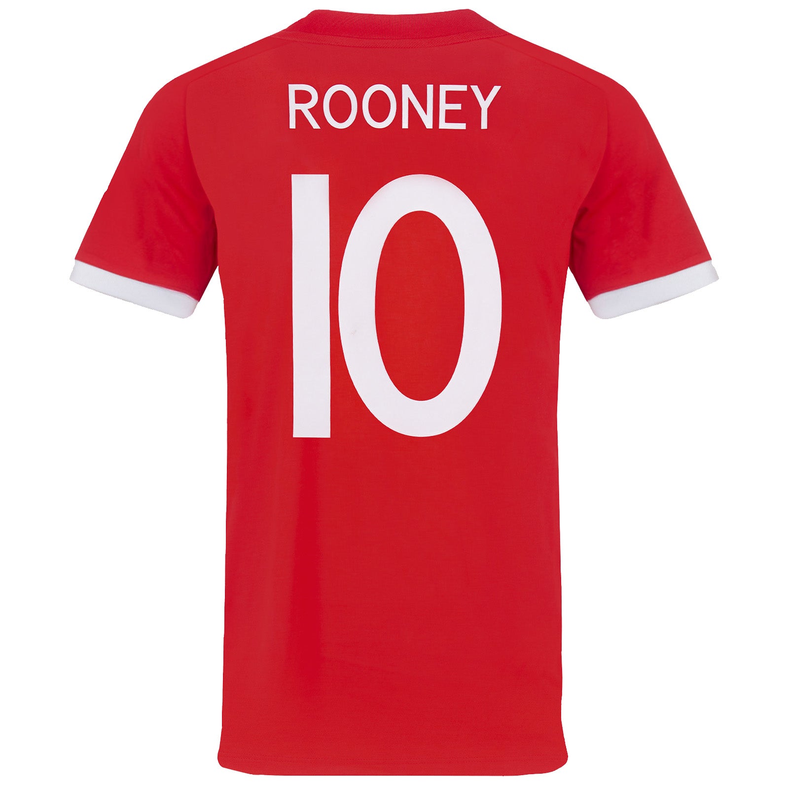 England retro football shirt in red. Replica shirt from 2010 with crest to chest and Rooney 10 print to back