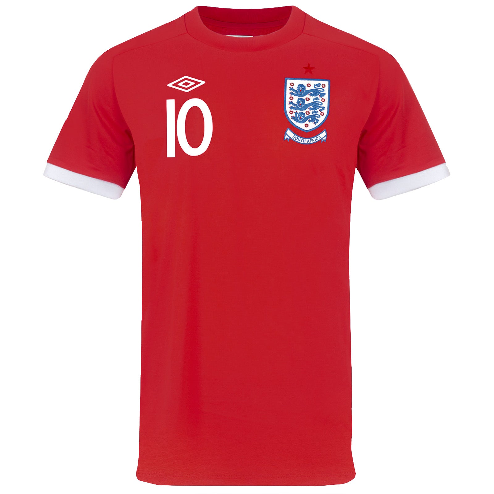 England retro football shirt in red. Replica shirt from 2010 with crest to chest and Rooney 10 print to back