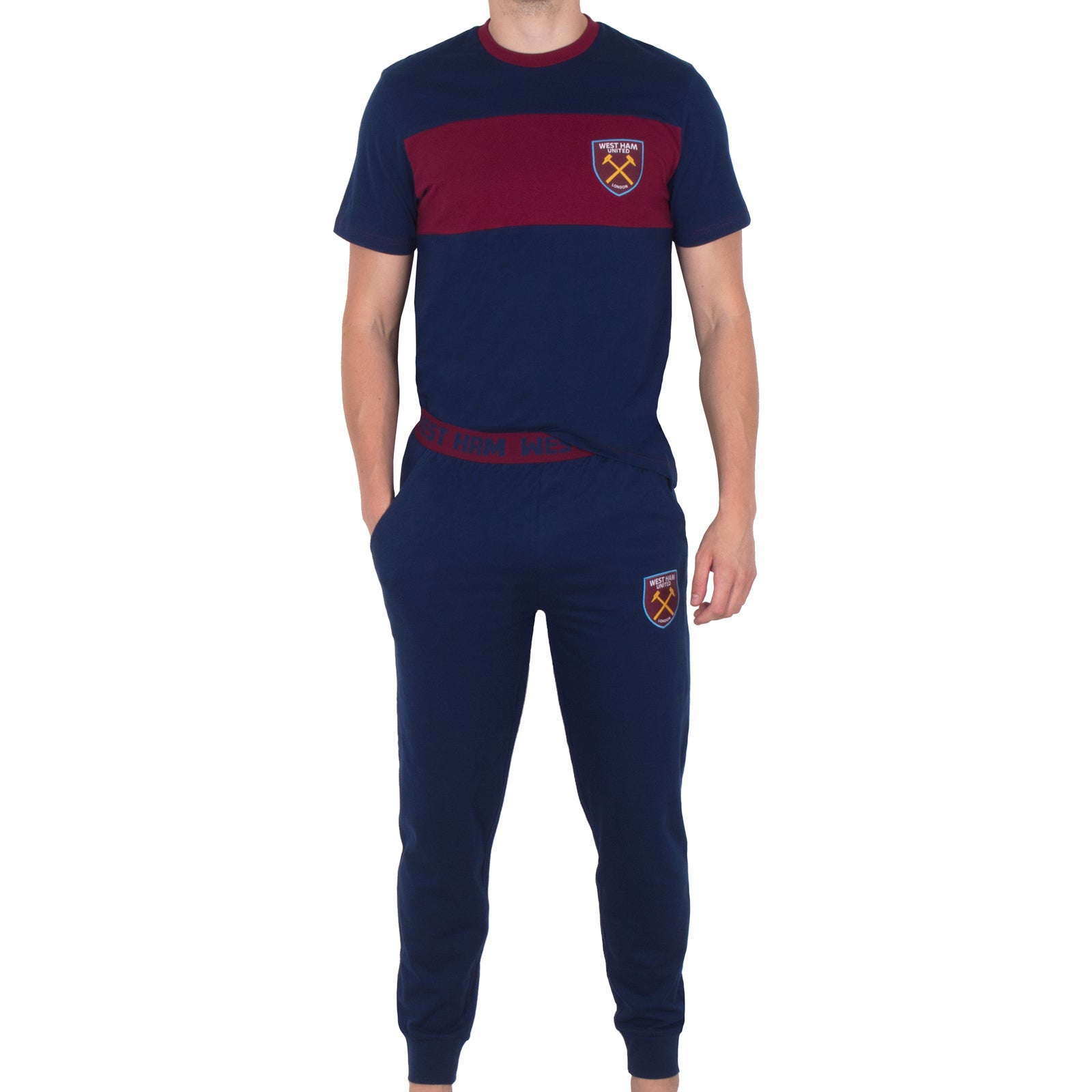 West Ham adults long pyjamas in navy blue. Long sleeved top with graphic print and long bottoms