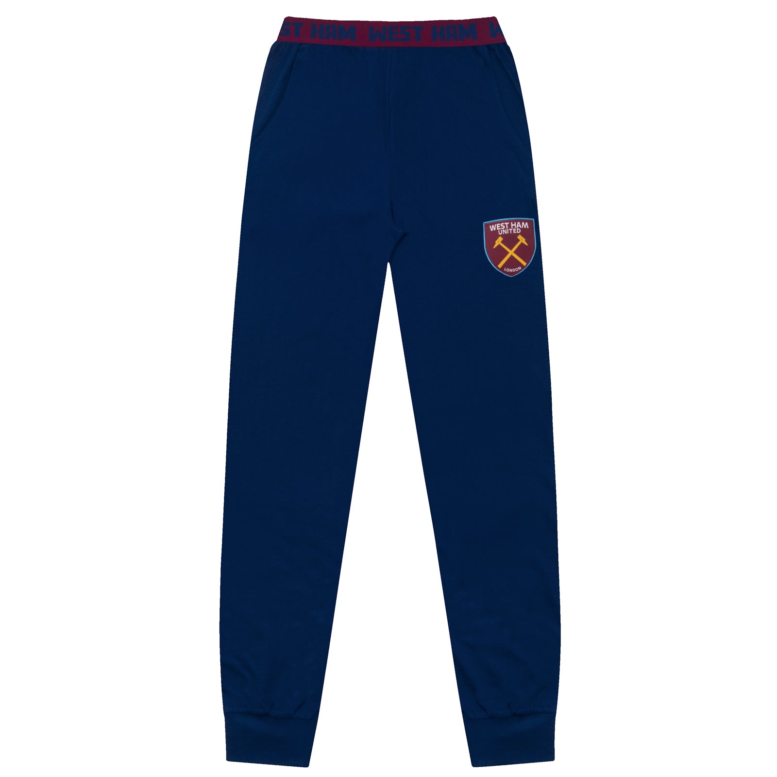 West Ham adults long pyjamas in navy blue. Long sleeved top with graphic print and long bottoms
