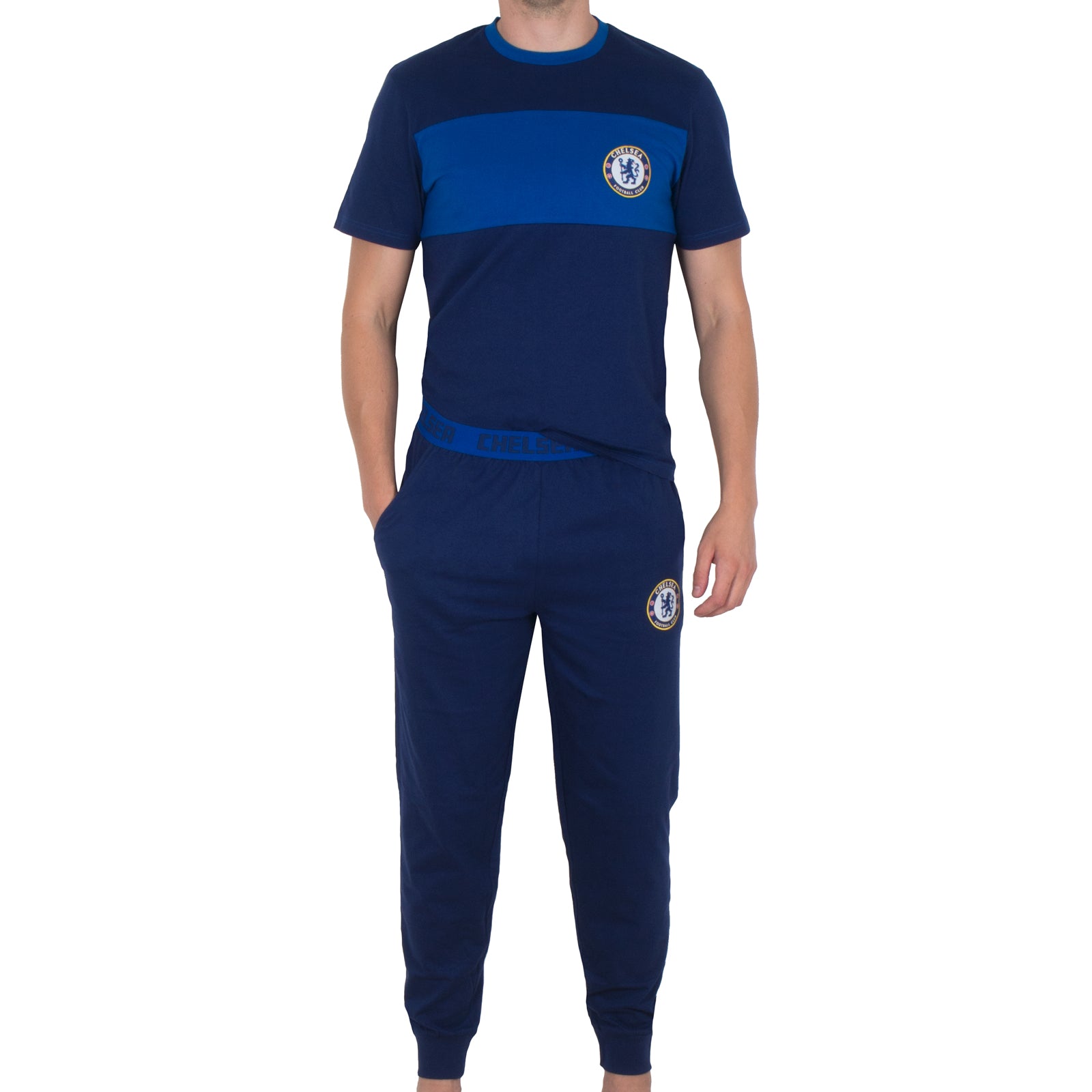 Chelsea adults long yjamas in navy blue. Two-tone short sleeve top with club crest and long pyjama bottoms with badge