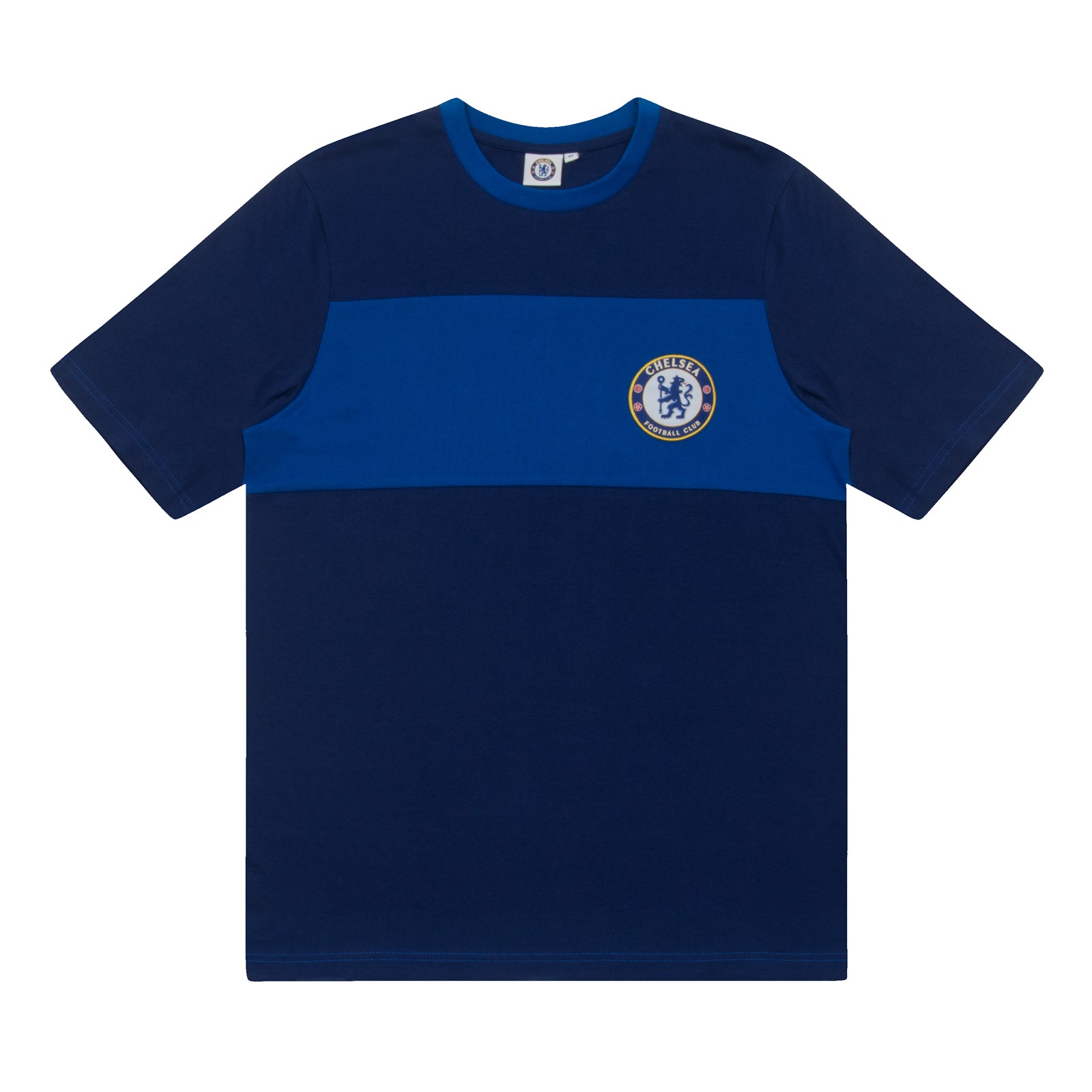 Chelsea adults long yjamas in navy blue. Two-tone short sleeve top with club crest and long pyjama bottoms with badge