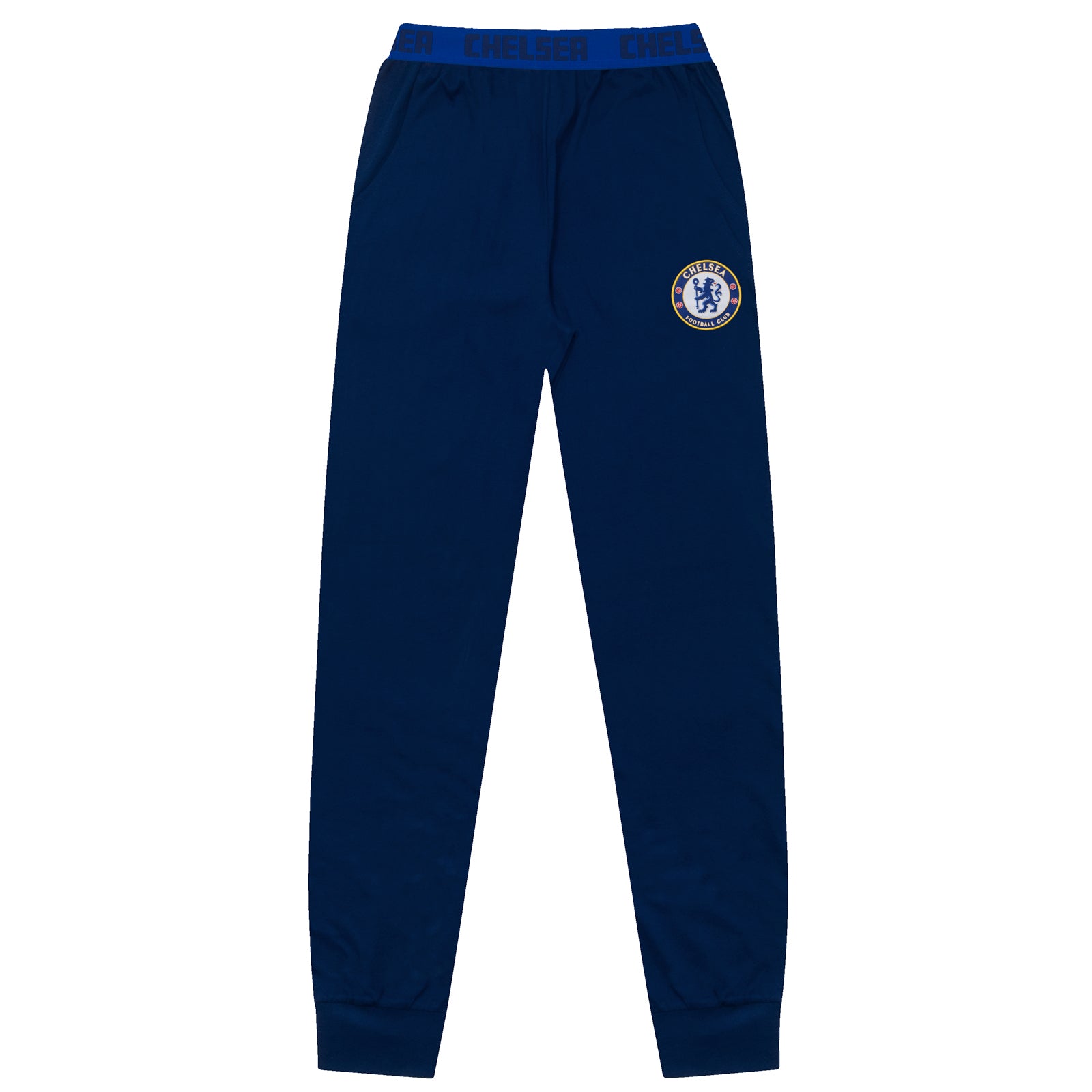 Chelsea adults long yjamas in navy blue. Two-tone short sleeve top with club crest and long pyjama bottoms with badge