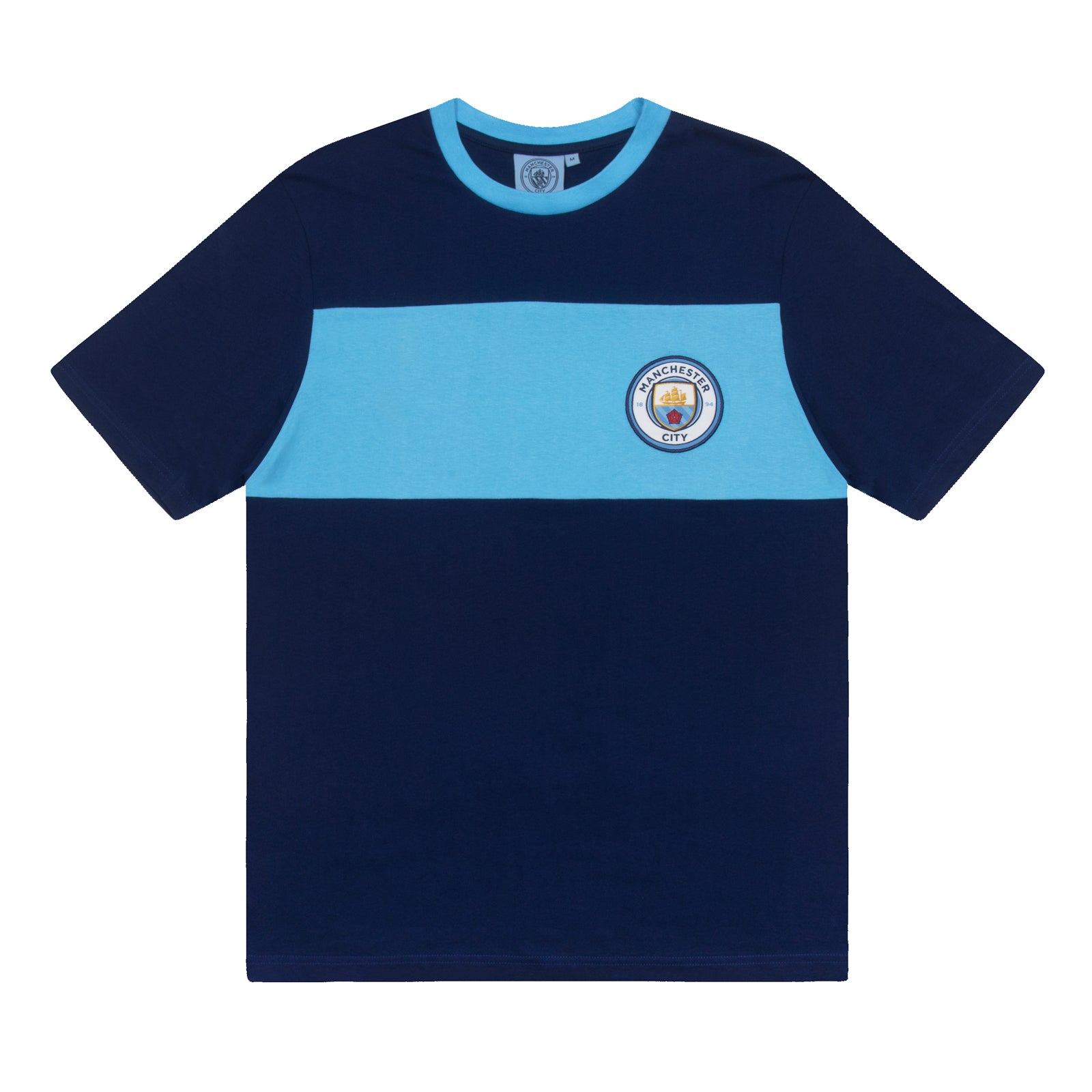 Man City adults long pyjamas in navy & sky blue. Two-tone short sleeve top with crest and long bottoms with badge