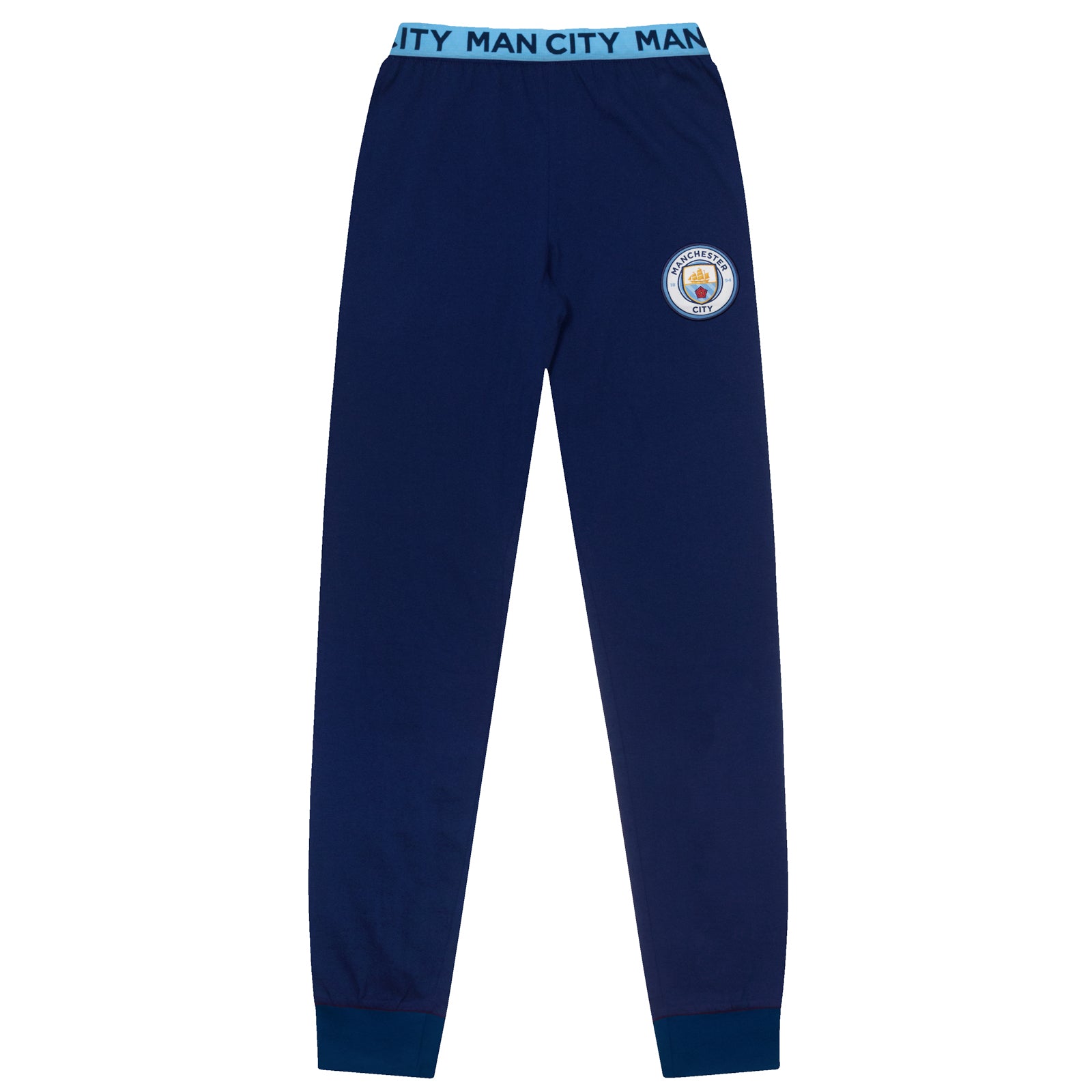Man City adults long pyjamas in navy & sky blue. Two-tone short sleeve top with crest and long bottoms with badge