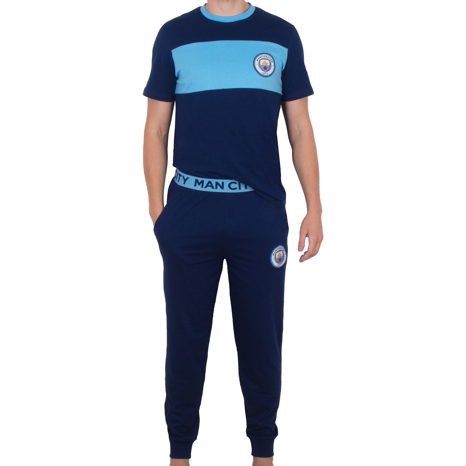 Man City adults long pyjamas in navy & sky blue. Two-tone short sleeve top with crest and long bottoms with badge