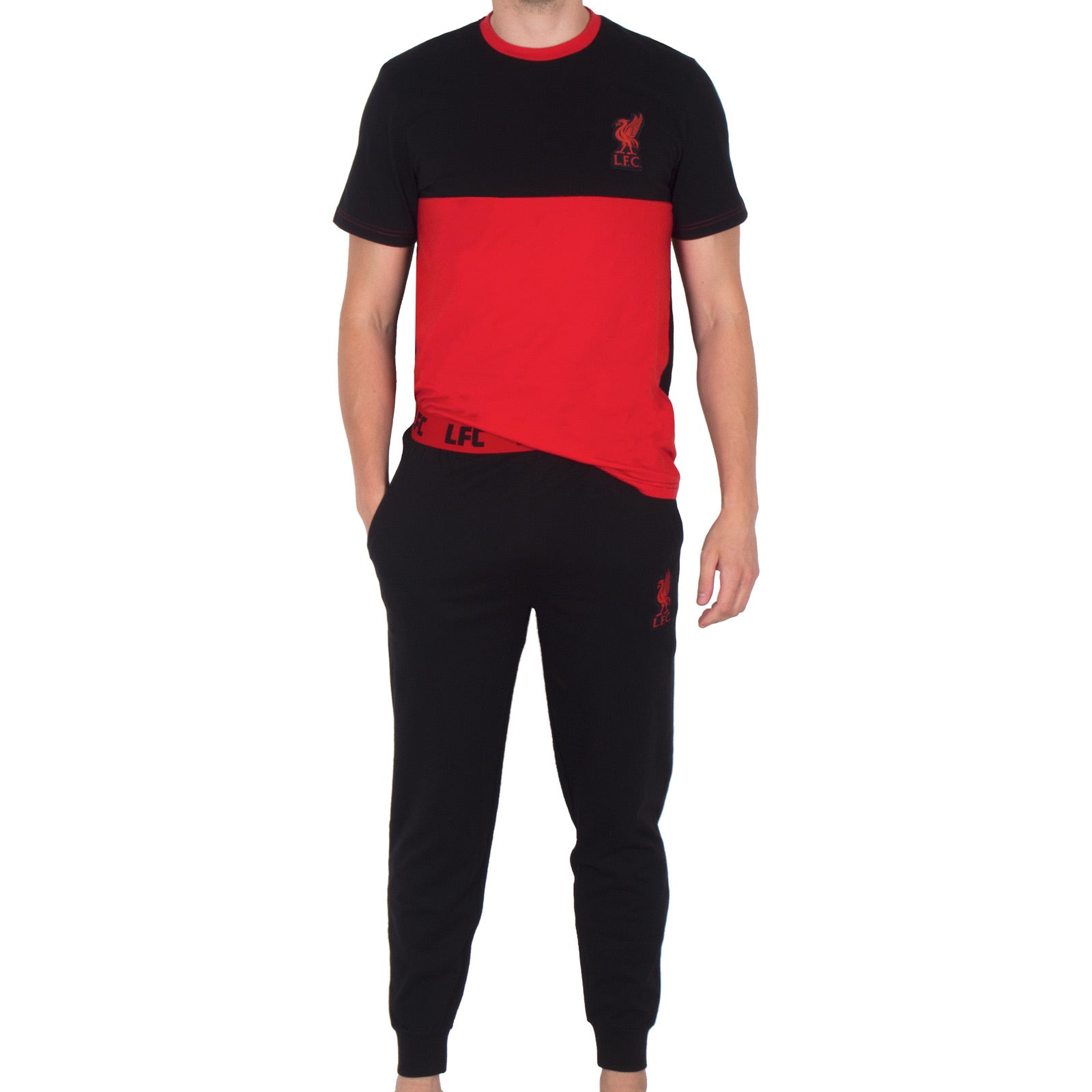 Liverpool adults long pyjamas in black. Two-tone short sleeve top with club crest and long bottoms with badge