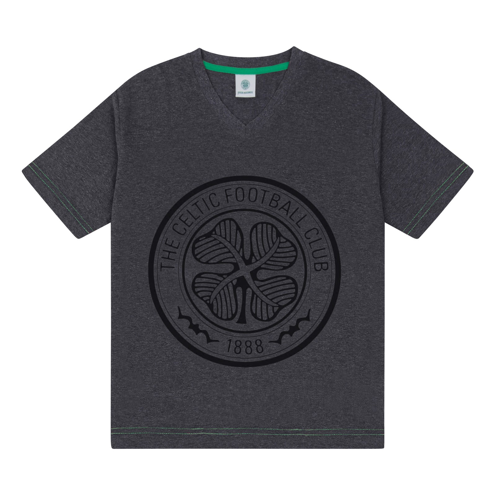 Celtic adults pyjamas in grey. Short sleeve shirt with branded graphic and shorts with logo to the left leg.