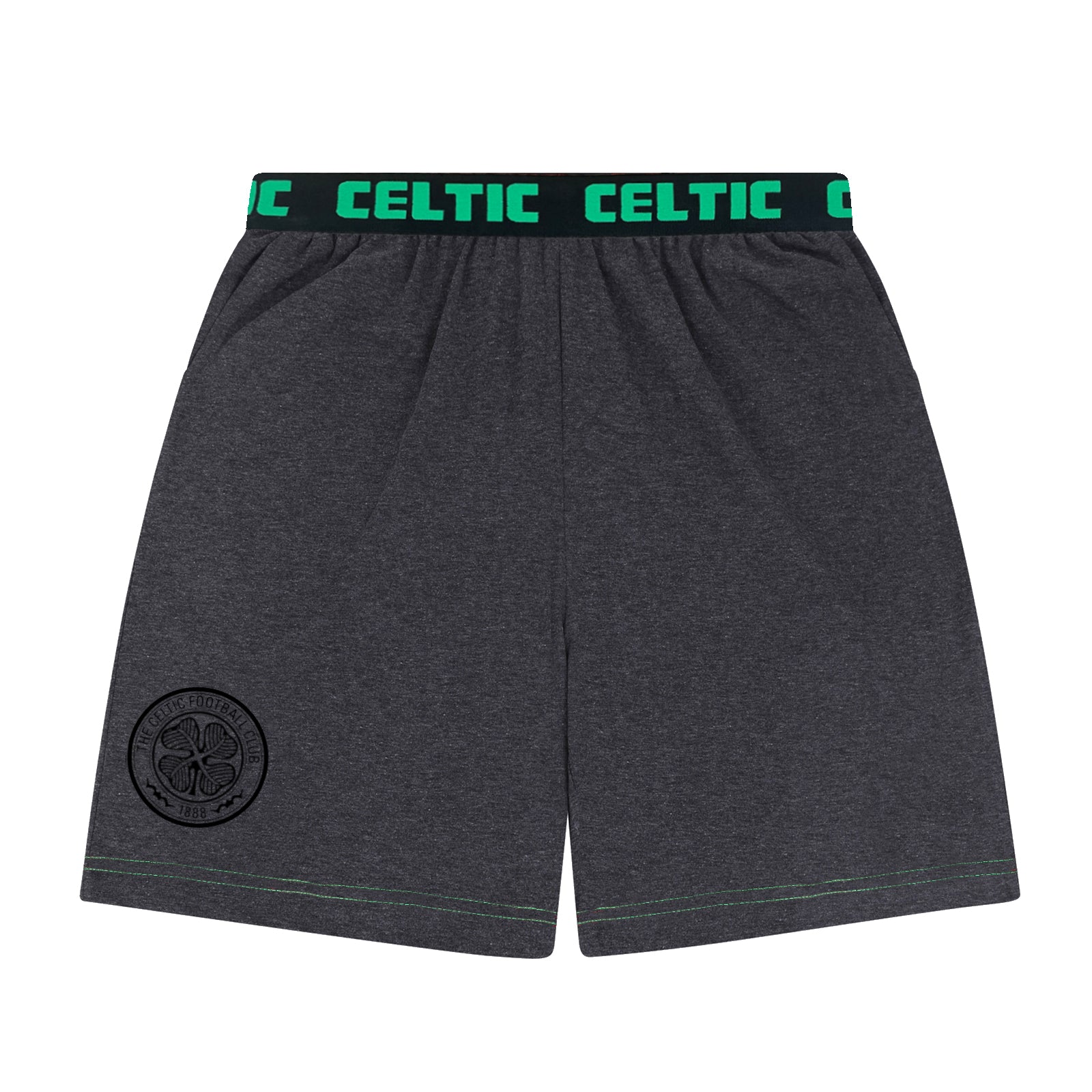 Celtic adults pyjamas in grey. Short sleeve shirt with branded graphic and shorts with logo to the left leg.