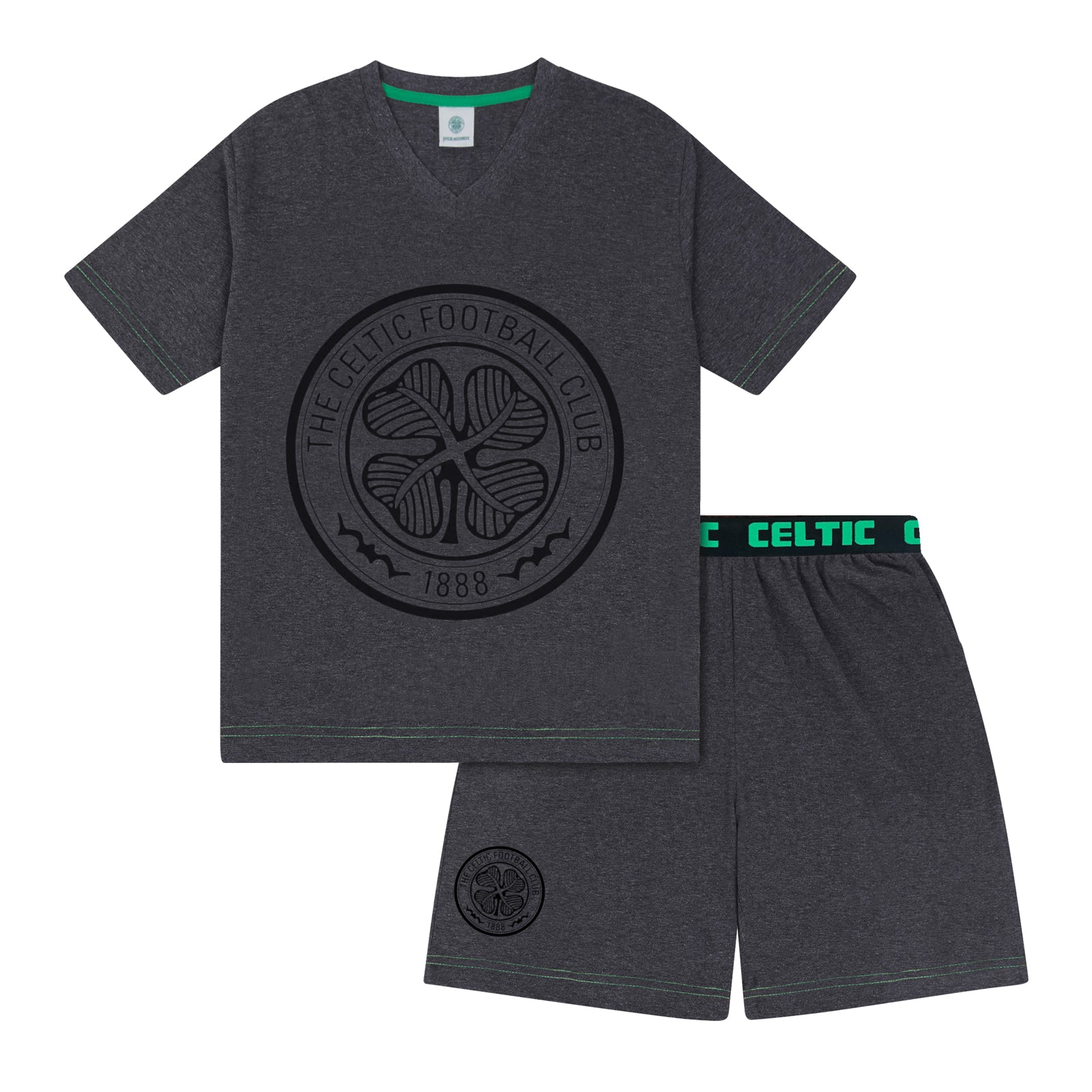 Celtic adults pyjamas in grey. Short sleeve shirt with branded graphic and shorts with logo to the left leg.