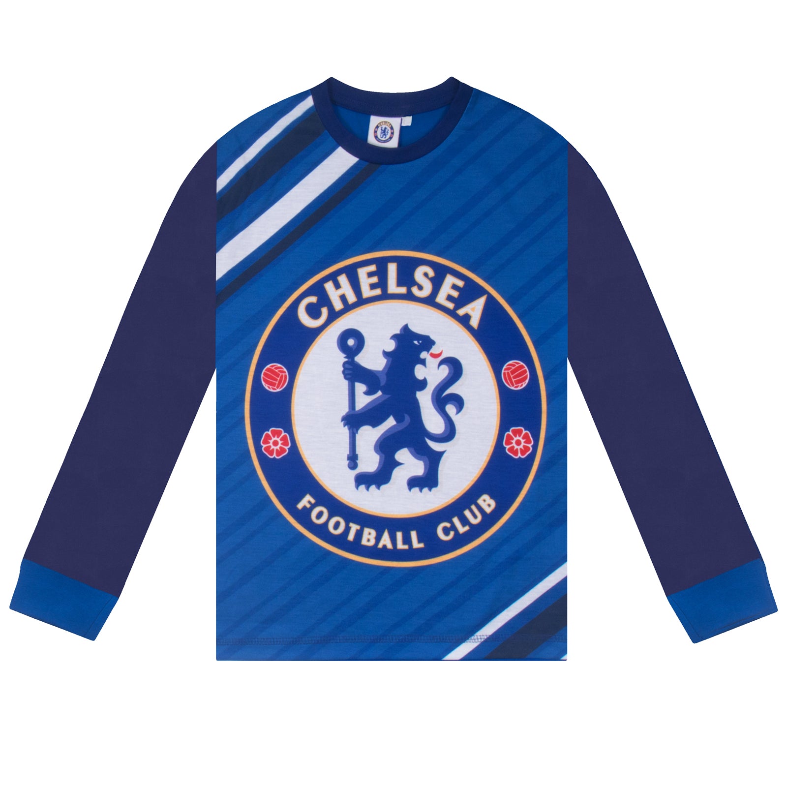 Chelsea kids long pyjamas in blue. Long sleeved top with graphic print and long bottoms.
