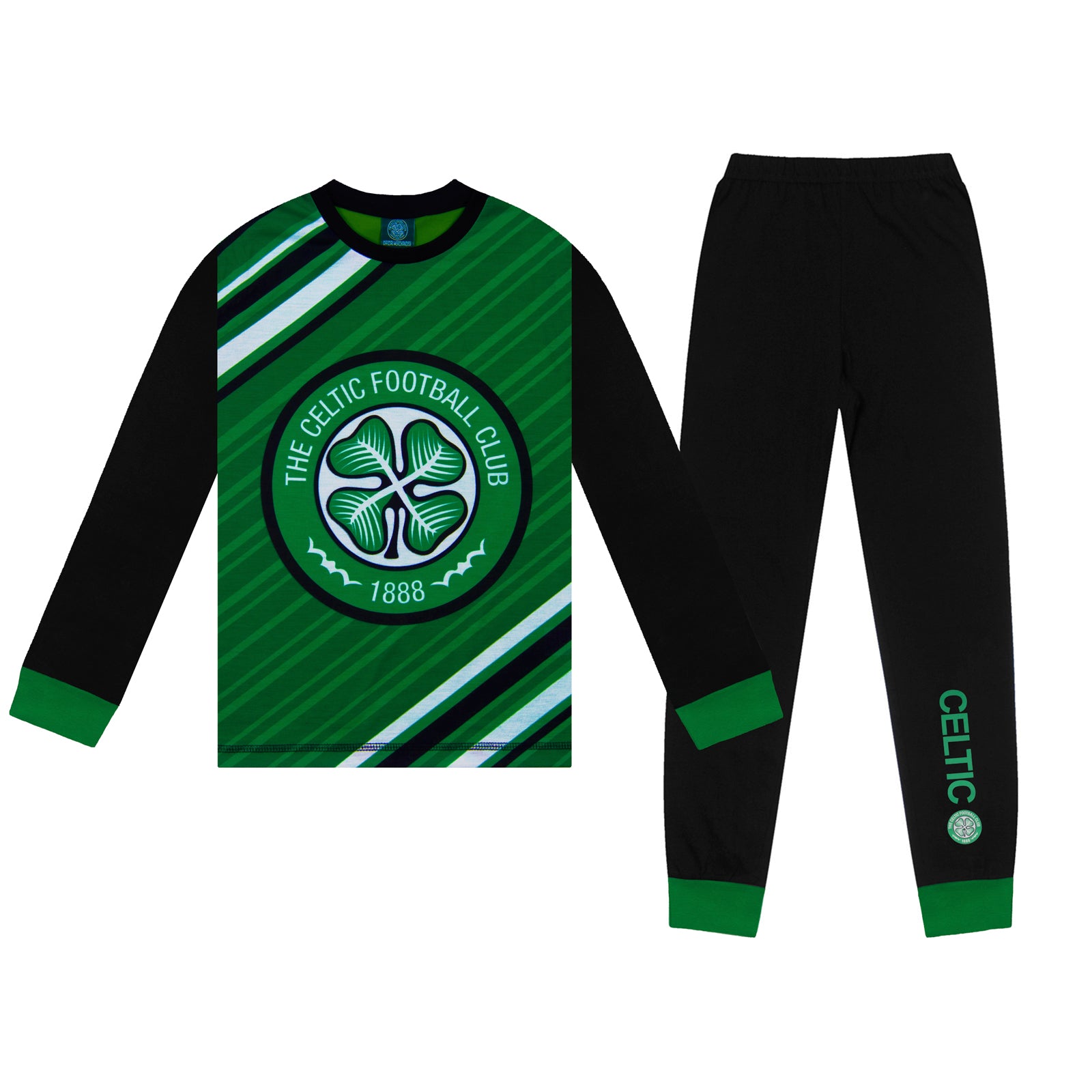 Celtic kids long pyjamas in green. Long sleeve top with graphic and club crest. Long legged bottoms with crest.
