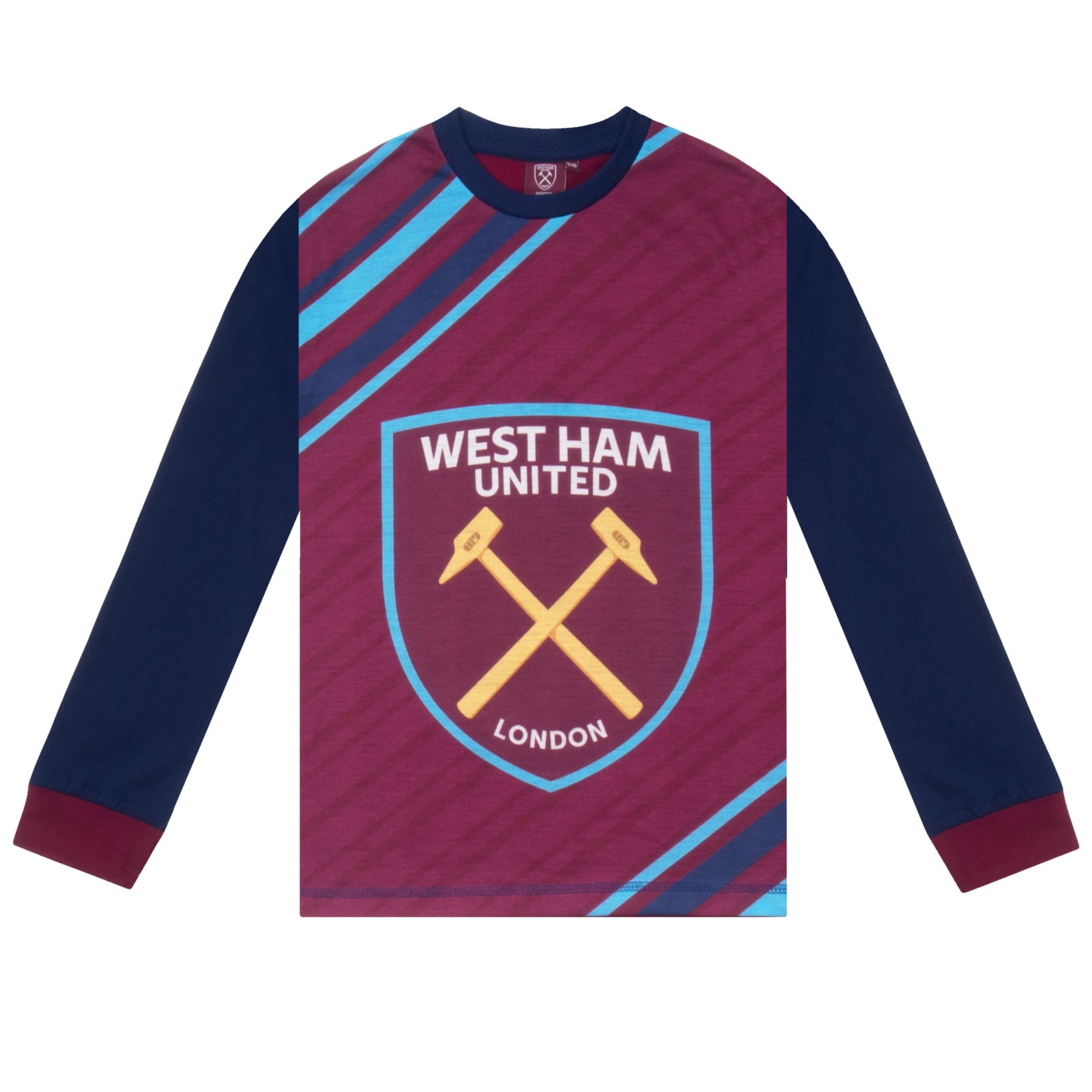 West Ham kids long pyjamas in navy blue. Long sleeved top with graphic and long bottoms