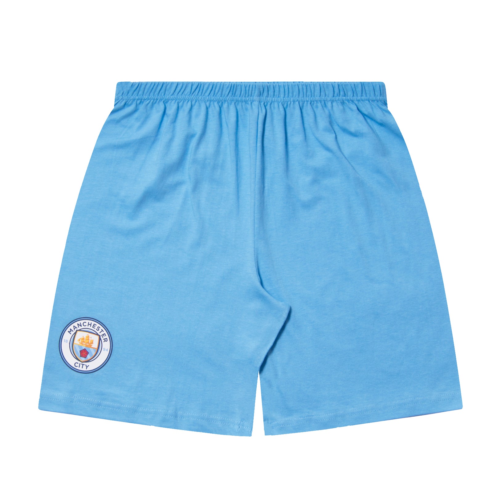 Man City kids pyjamas in navy blue. Short sleeve top with graphic and shorts with crest to the left leg