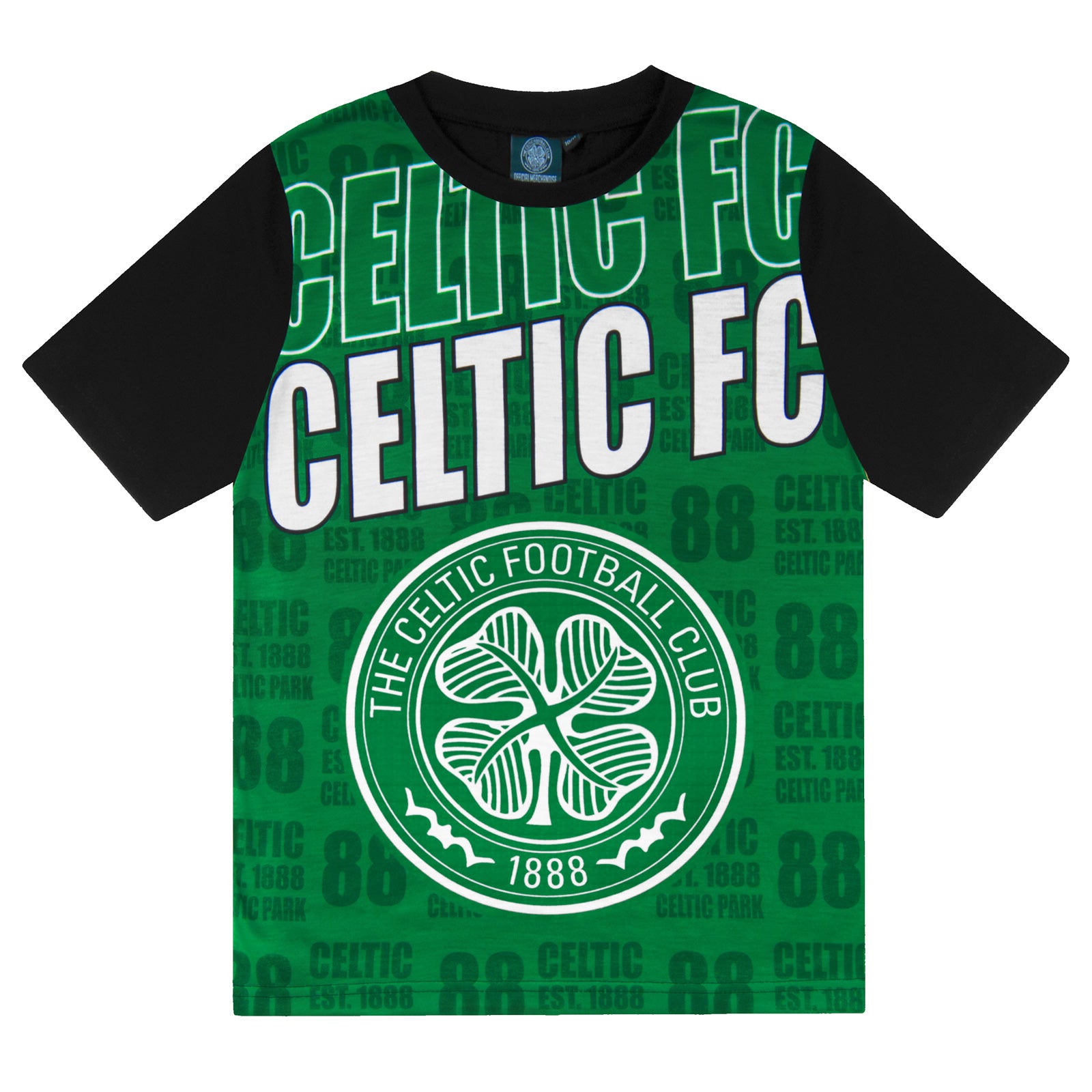 Celtic kids short pyjamas in green & black. Short sleeved top & shorts with crest & text
