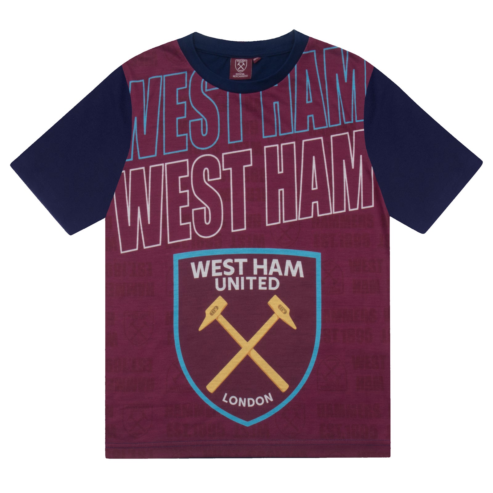 West Ham adults short pyjama set in claret with a short sleeve t-shirt & graphic. Shorts with logo to the left leg.