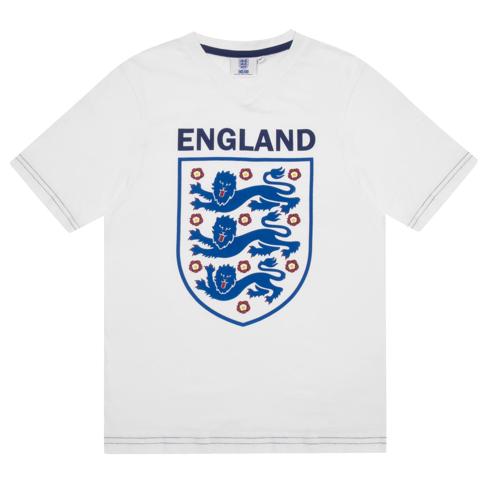 England kids pyjamas in white. Short sleeve top with graphic and shorts with 3 Lions logo to the left leg.